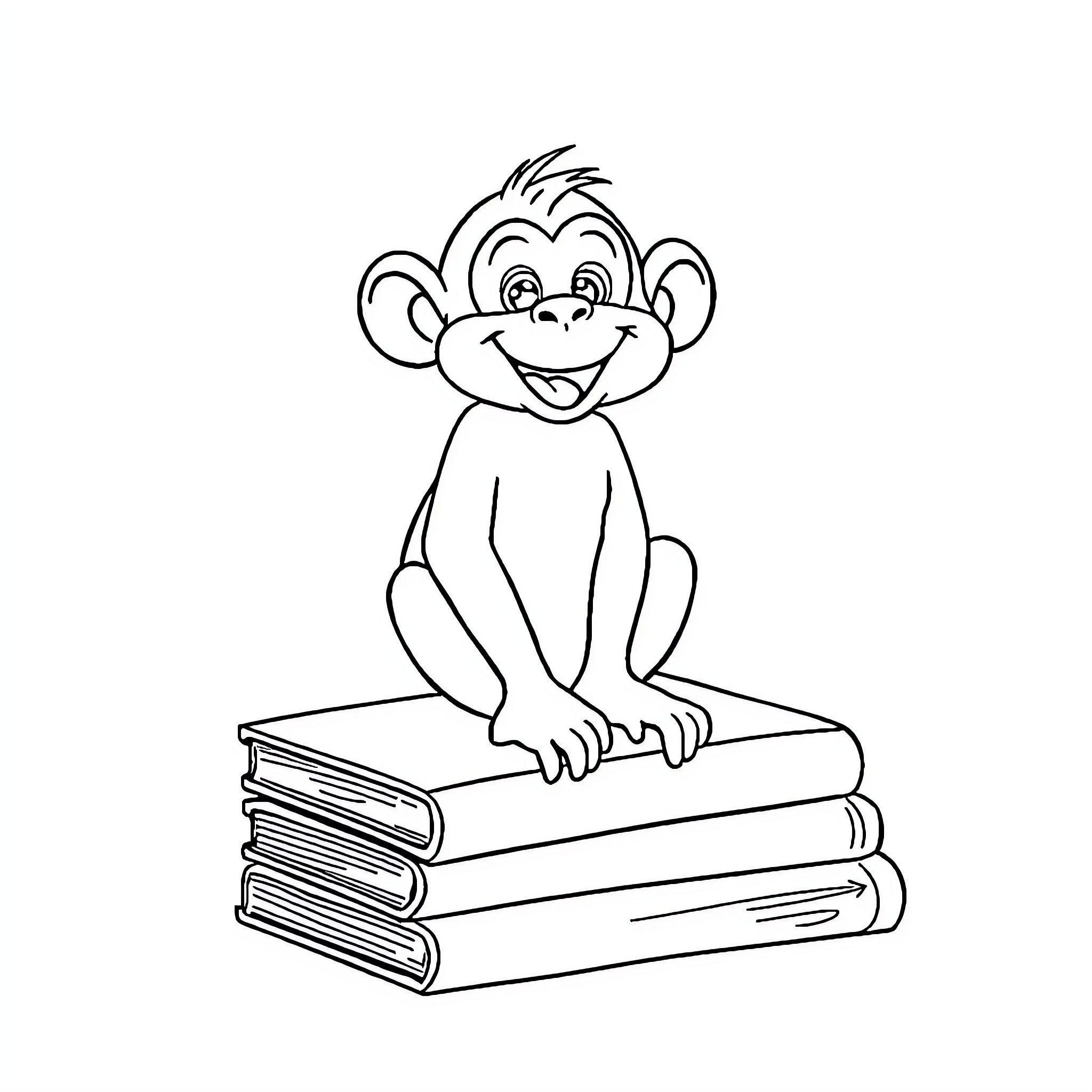 Monkey sitting happily on books Coloring Page (free black-and-white line drawing printable PDF for all, from beginners to advanced learners, including children, teens, adults, and seniors)