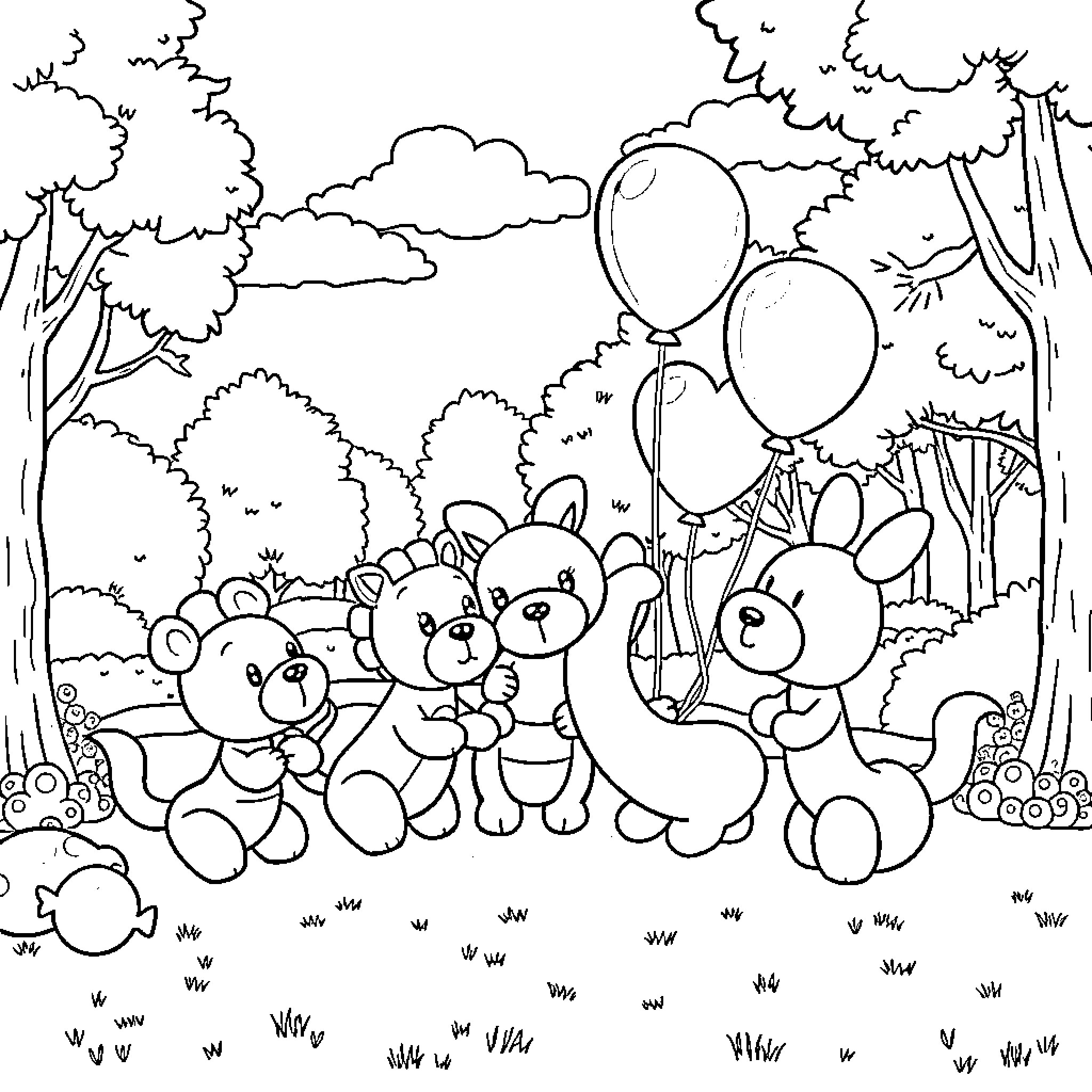 Balloon Animals Celebrating in the Park Coloring Page (free black-and-white line drawing printable PDF for all, from beginners to advanced learners, including children, teens, adults, and seniors)