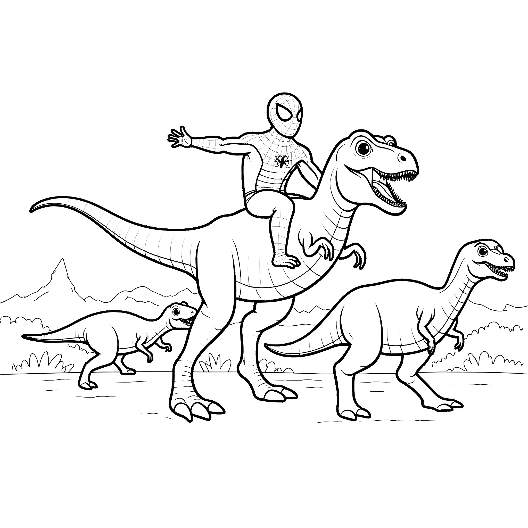 Spider-Man riding dinosaurs in prehistoric landscape Coloring Page (free black-and-white line drawing printable PDF for all, from beginners to advanced learners, including children, teens, adults, and seniors)