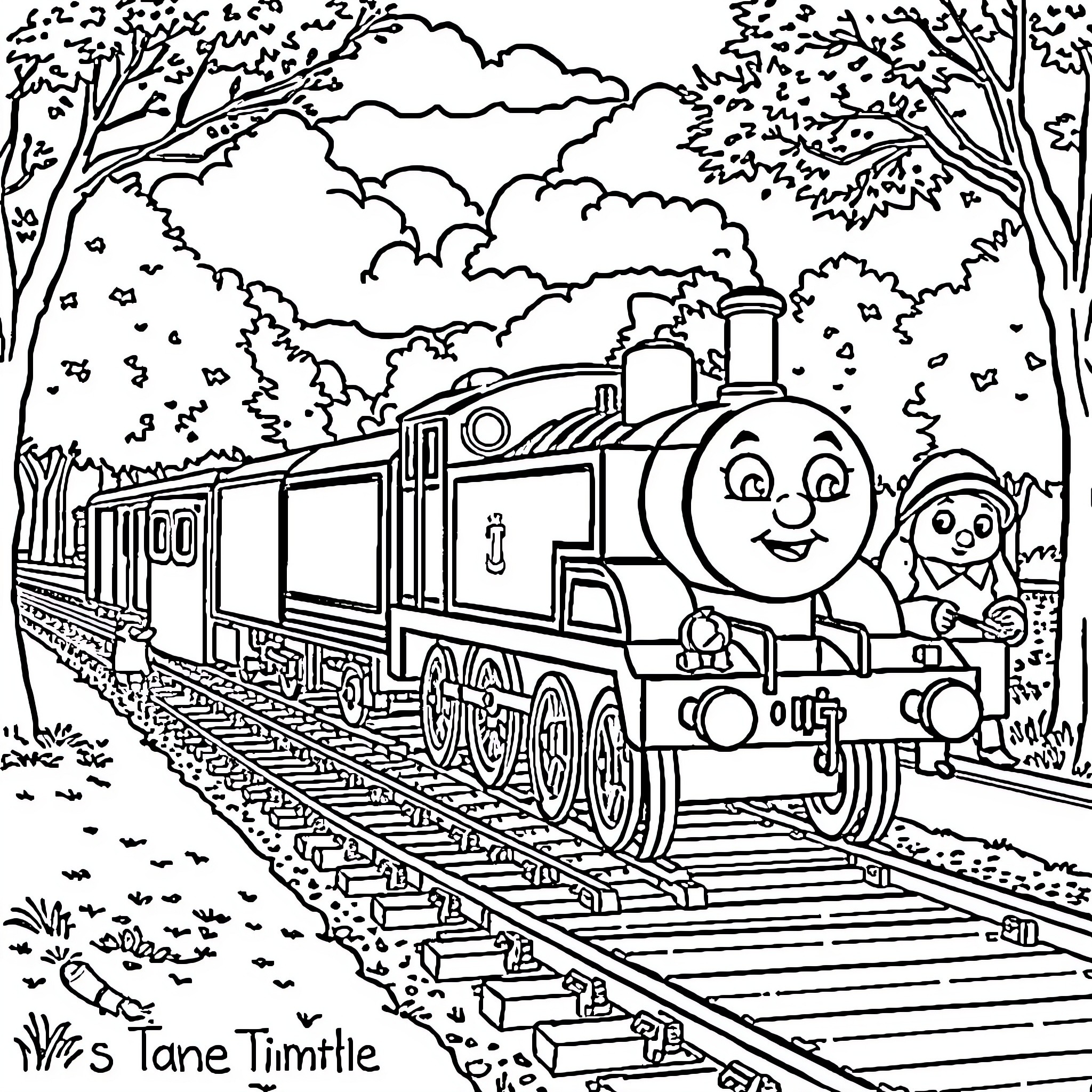Thomas Trains on a Peaceful Journey Through the Forest Coloring Page (free black-and-white line drawing printable PDF for all, from beginners to advanced learners, including children, teens, adults, and seniors)