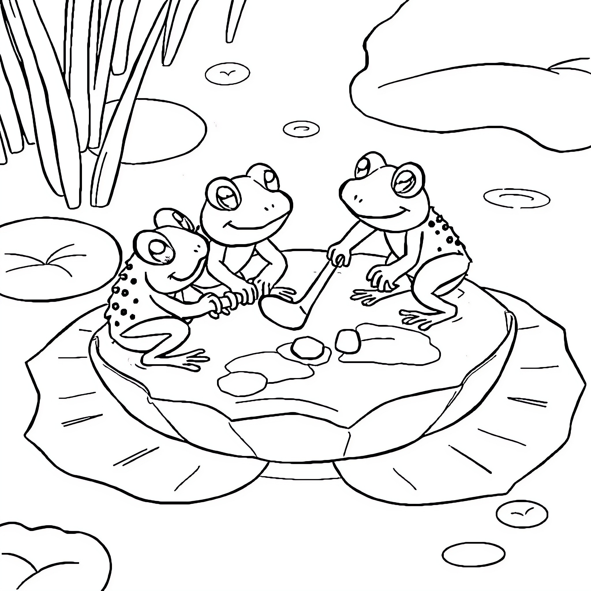 Frogs enjoying a peaceful day in the pond Coloring Page (free black-and-white line drawing printable PDF for all, from beginners to advanced learners, including children, teens, adults, and seniors)