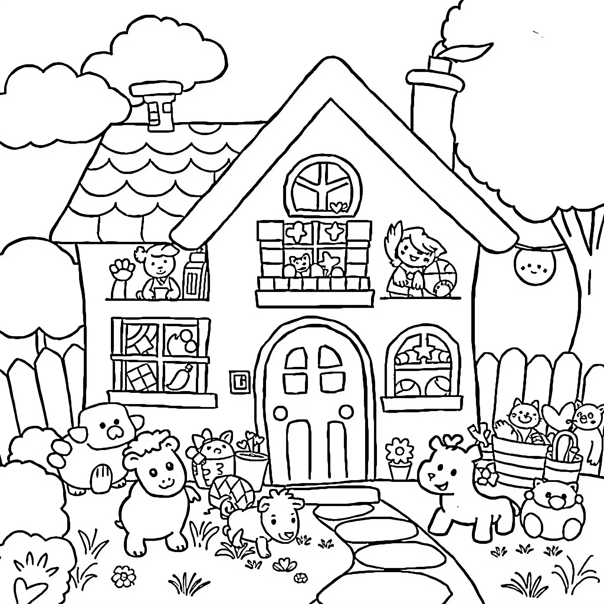 Children's House with Playful Creatures and Scenes Coloring Page (free black-and-white line drawing printable PDF for all, from beginners to advanced learners, including children, teens, adults, and seniors)