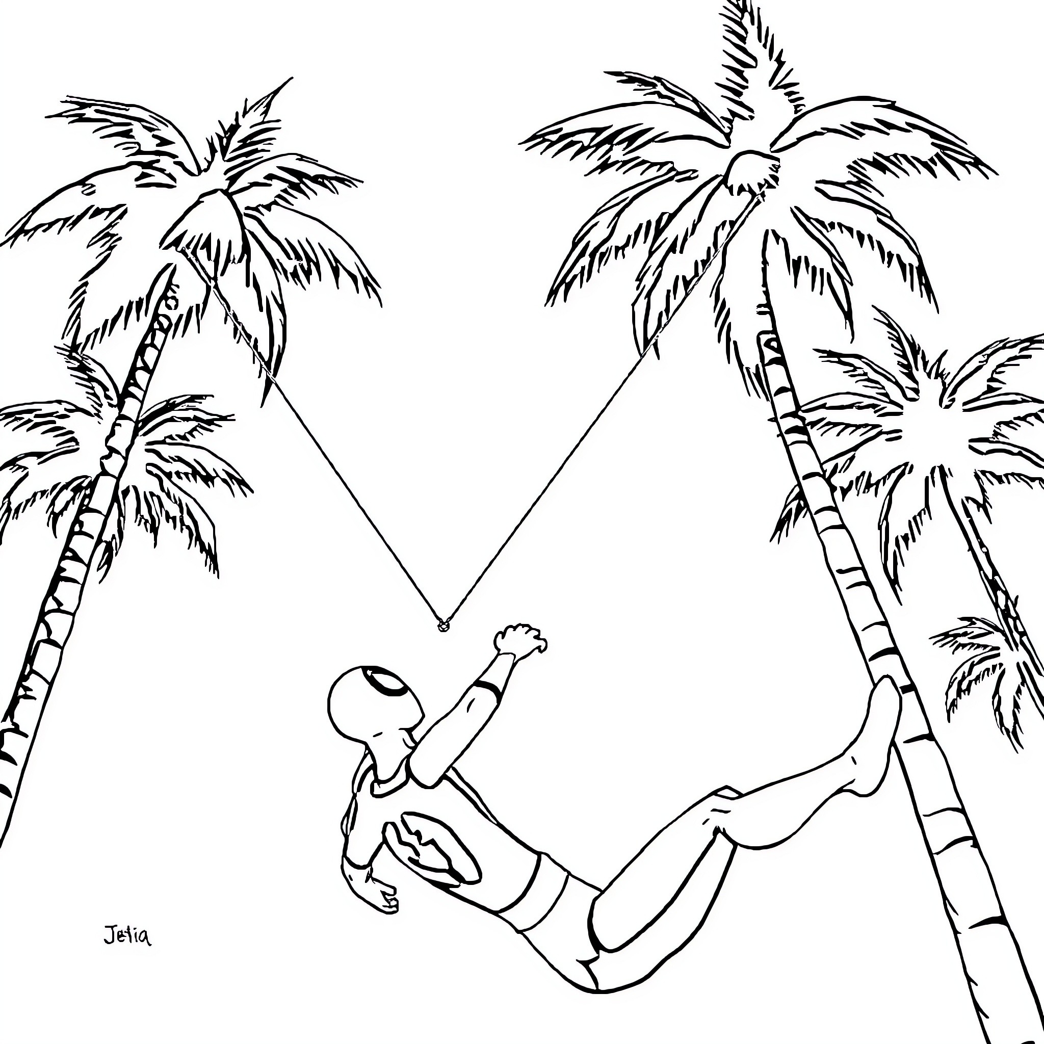 Spiderman relaxing in a hammock between palm trees Coloring Page (free black-and-white line drawing printable PDF for all, from beginners to advanced learners, including children, teens, adults, and seniors)
