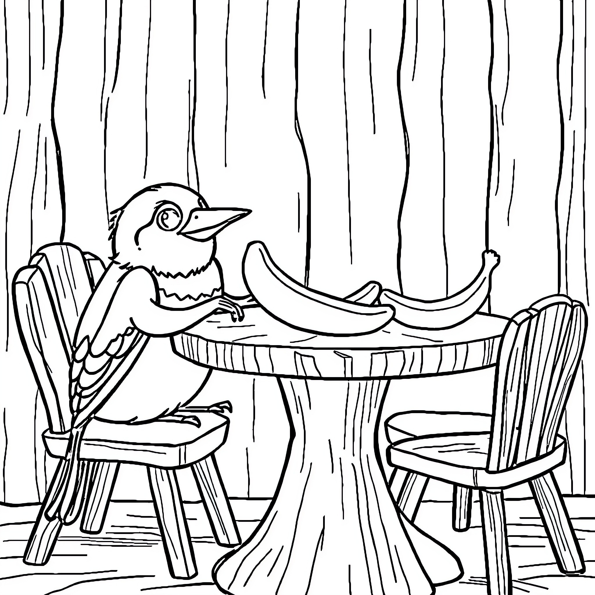 Patrol the bird's picnic in the forest Coloring Page (free black-and-white line drawing printable PDF for all, from beginners to advanced learners, including children, teens, adults, and seniors)