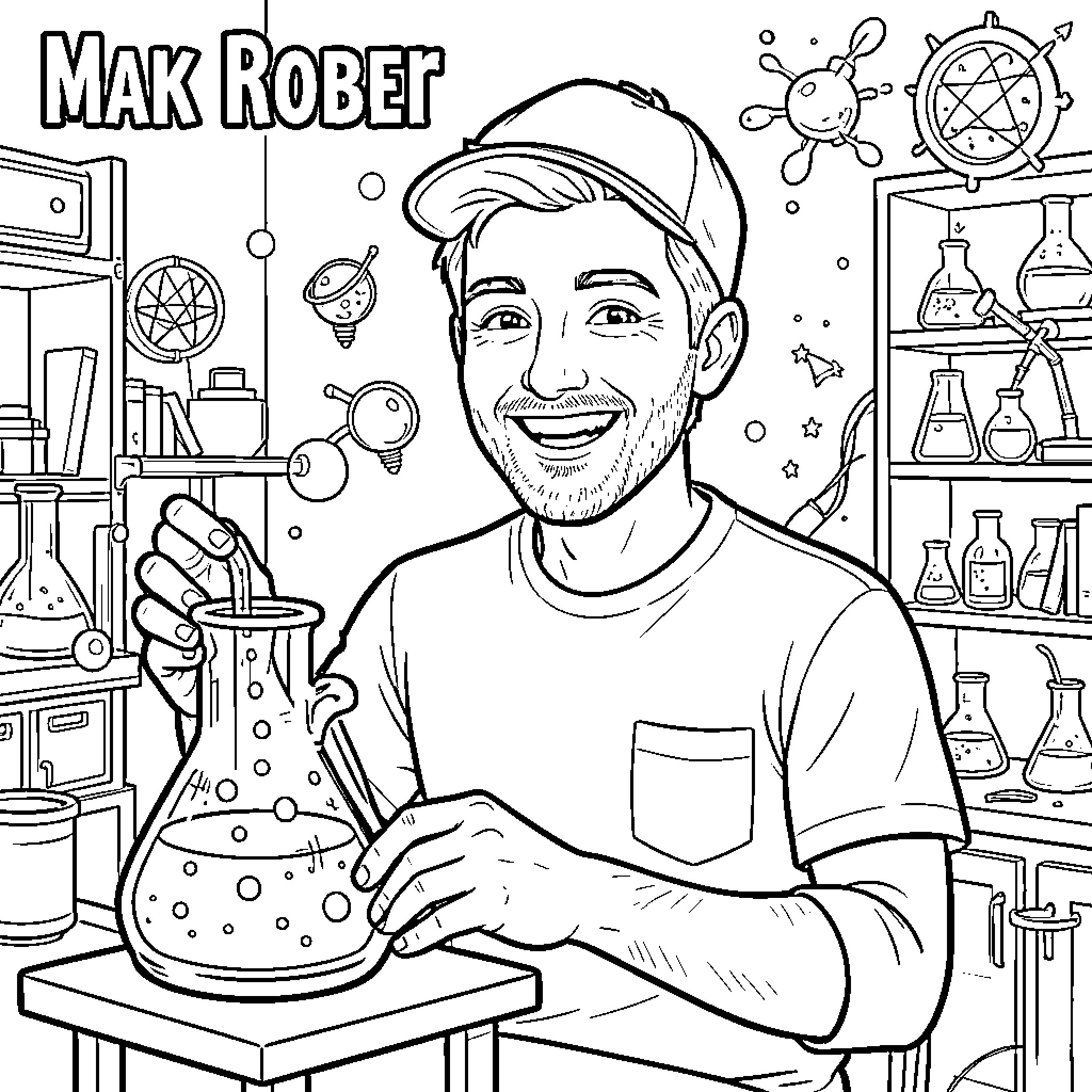 Mark Rober smiling while conducting science experiments in a lab Coloring Page (free black-and-white line drawing printable PDF for all, from beginners to advanced learners, including children, teens, adults, and seniors)