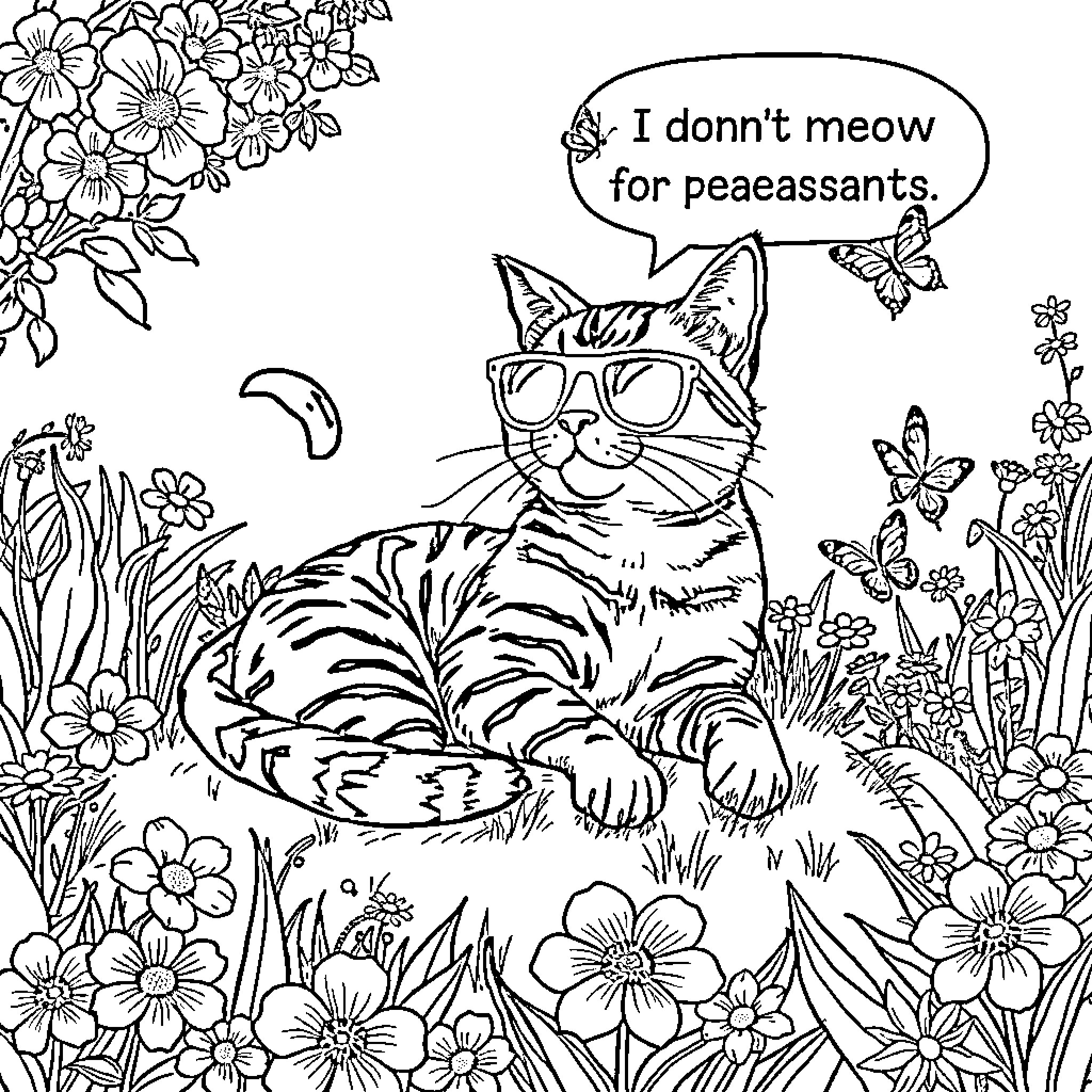 Tabby Cat Expressing Disinterest in Peaceassants Coloring Page (free black-and-white line drawing printable PDF for all, from beginners to advanced learners, including children, teens, adults, and seniors)