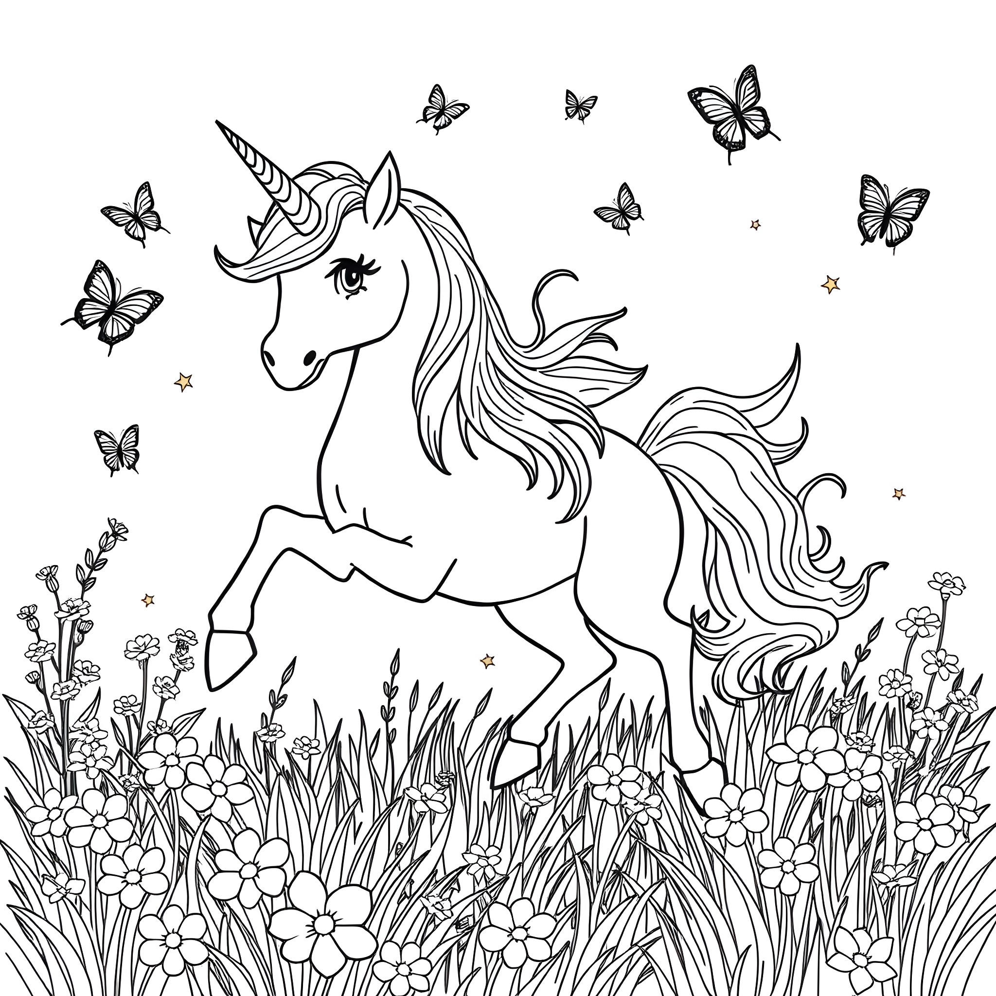 Unicorn Prancing Amidst Butterflies and Flowers Coloring Page (free black-and-white line drawing printable PDF for all, from beginners to advanced learners, including children, teens, adults, and seniors)