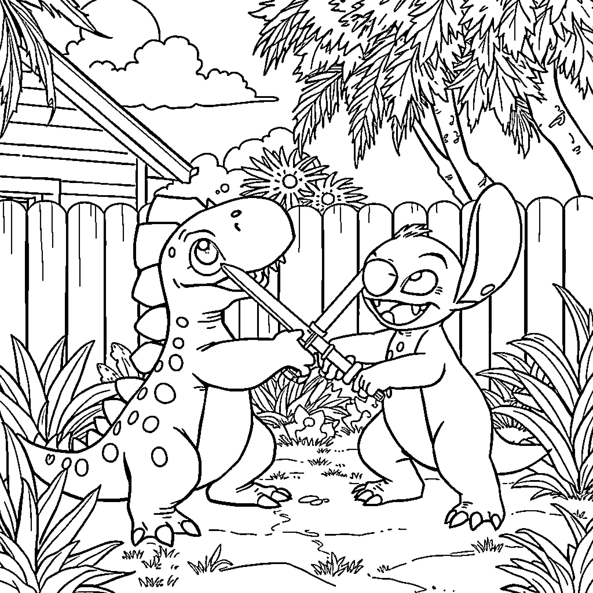 Dinosaur friends playing with gardening tools in the backyard Coloring Page (free black-and-white line drawing printable PDF for all, from beginners to advanced learners, including children, teens, adults, and seniors)