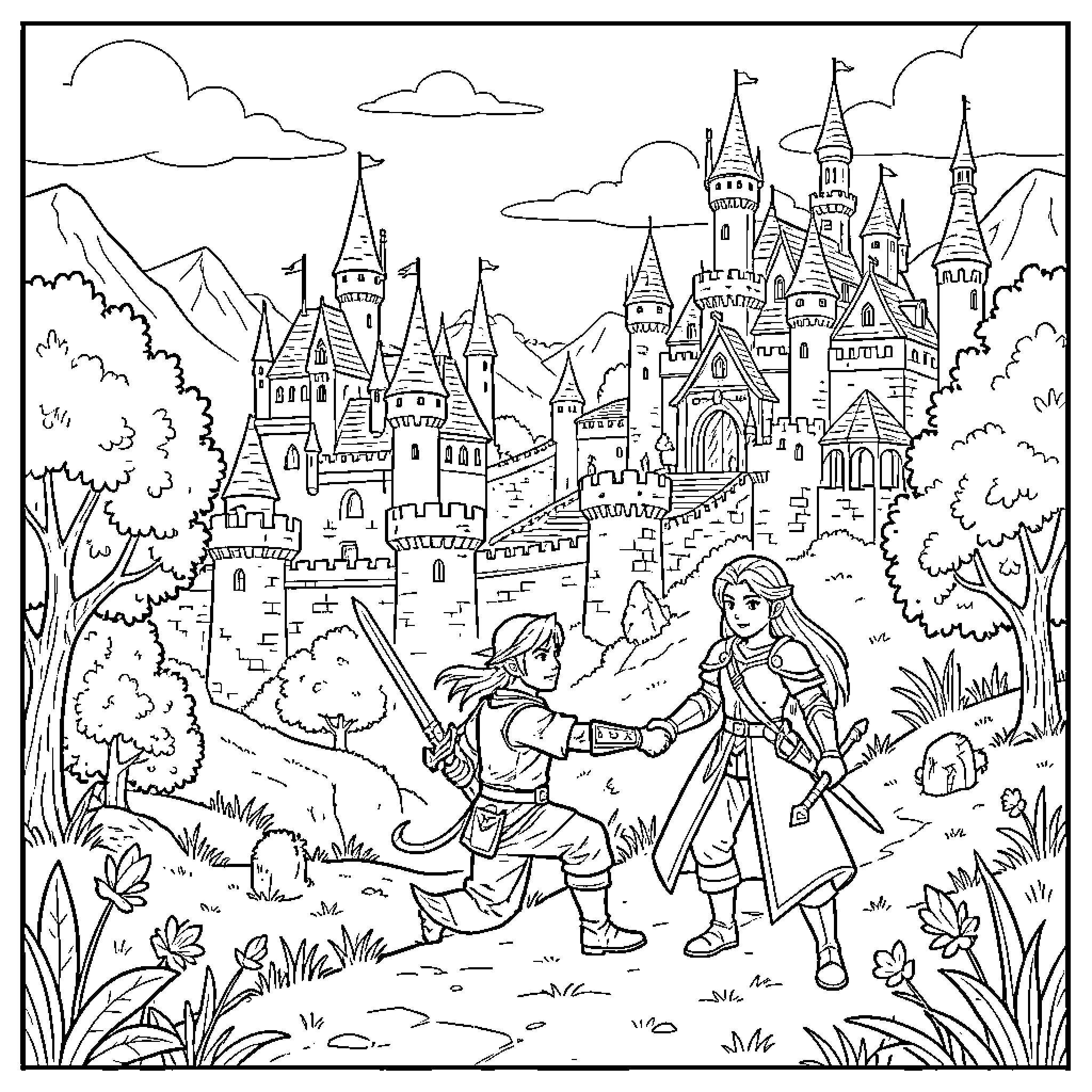 Legend of Zelda characters standing before a massive castle Coloring Page (free black-and-white line drawing printable PDF for all, from beginners to advanced learners, including children, teens, adults, and seniors)