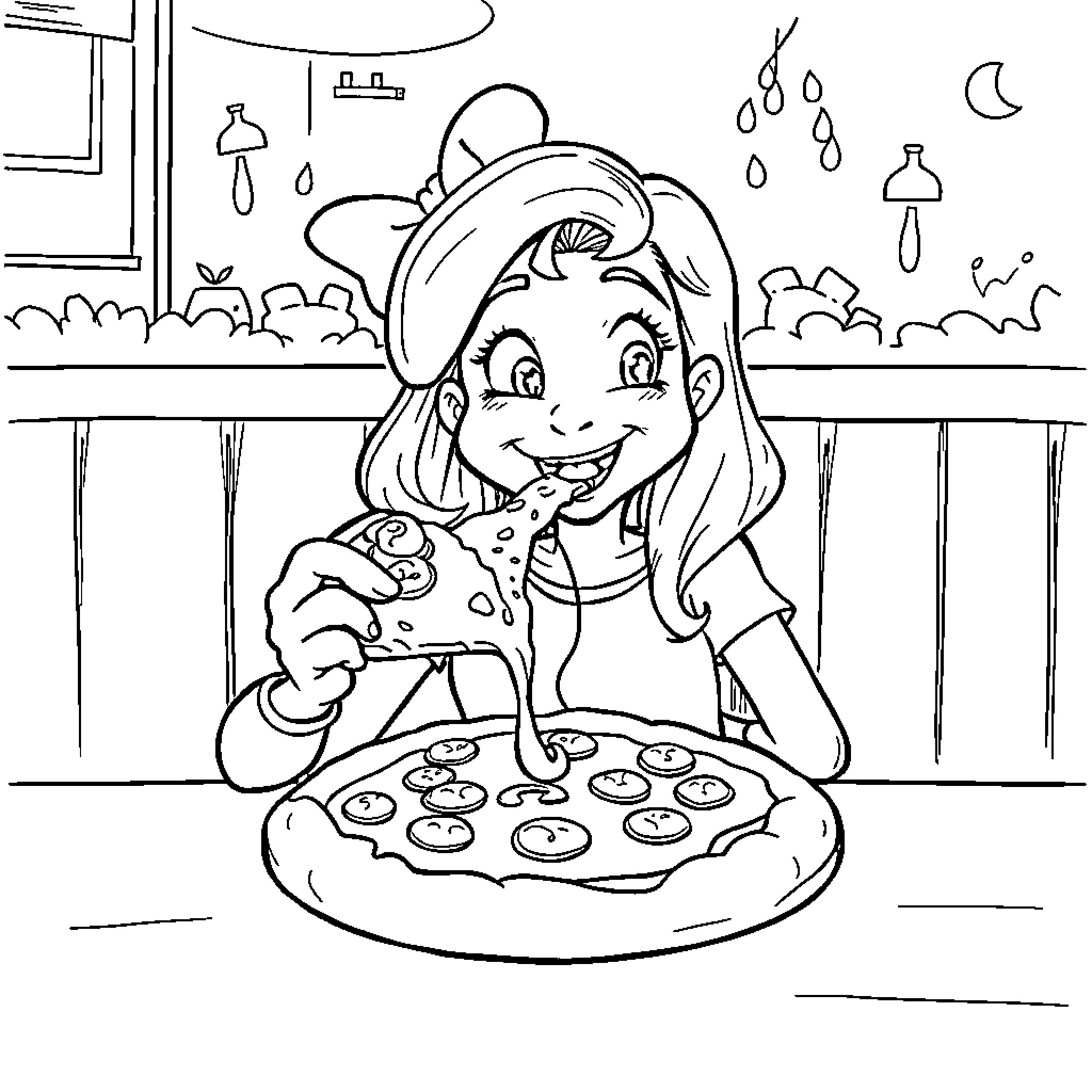 Evie enjoying a tasty pizza snack Coloring Page (free black-and-white line drawing printable PDF for all, from beginners to advanced learners, including children, teens, adults, and seniors)