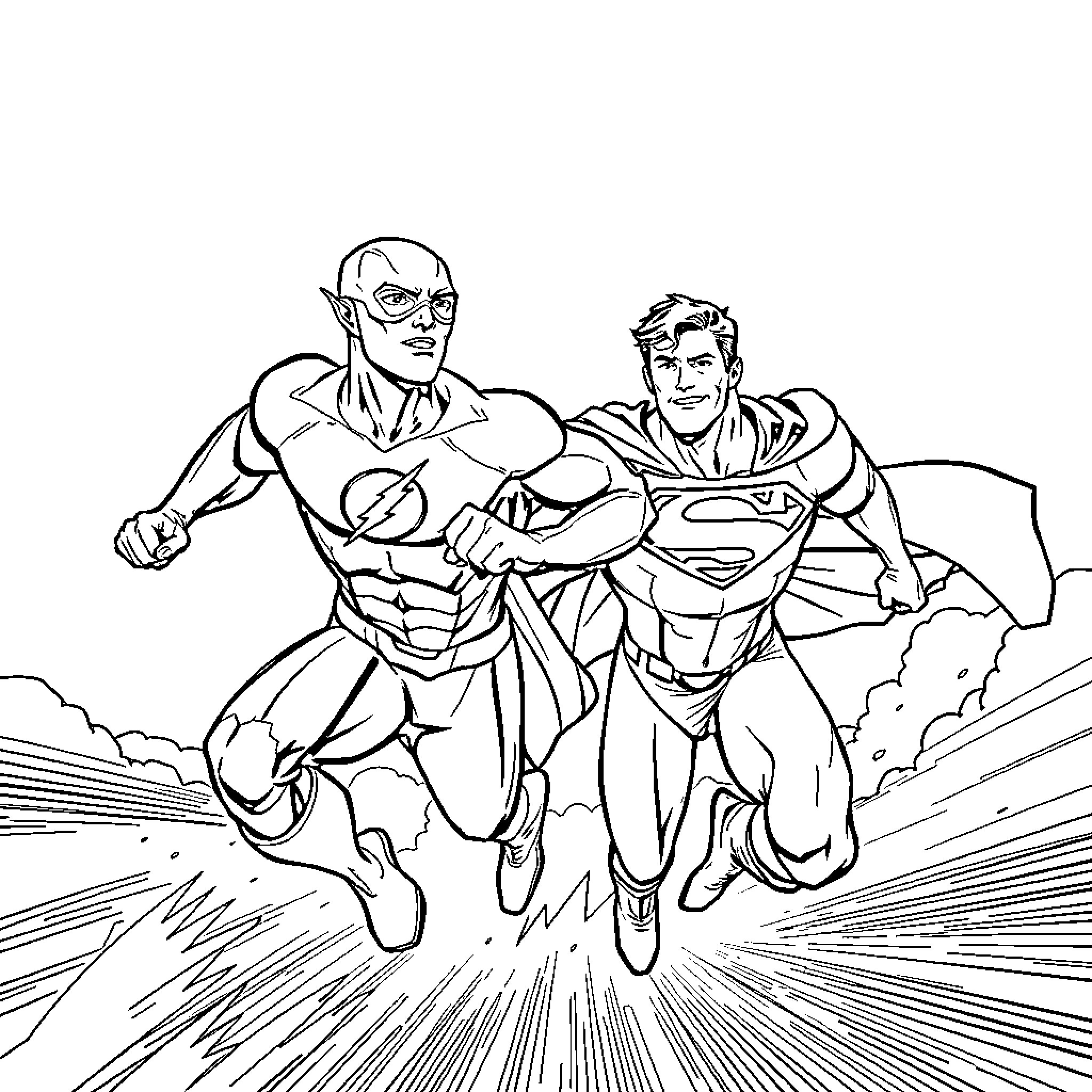 Flash Superheroes in Action Coloring Page (free black-and-white line drawing printable PDF for all, from beginners to advanced learners, including children, teens, adults, and seniors)