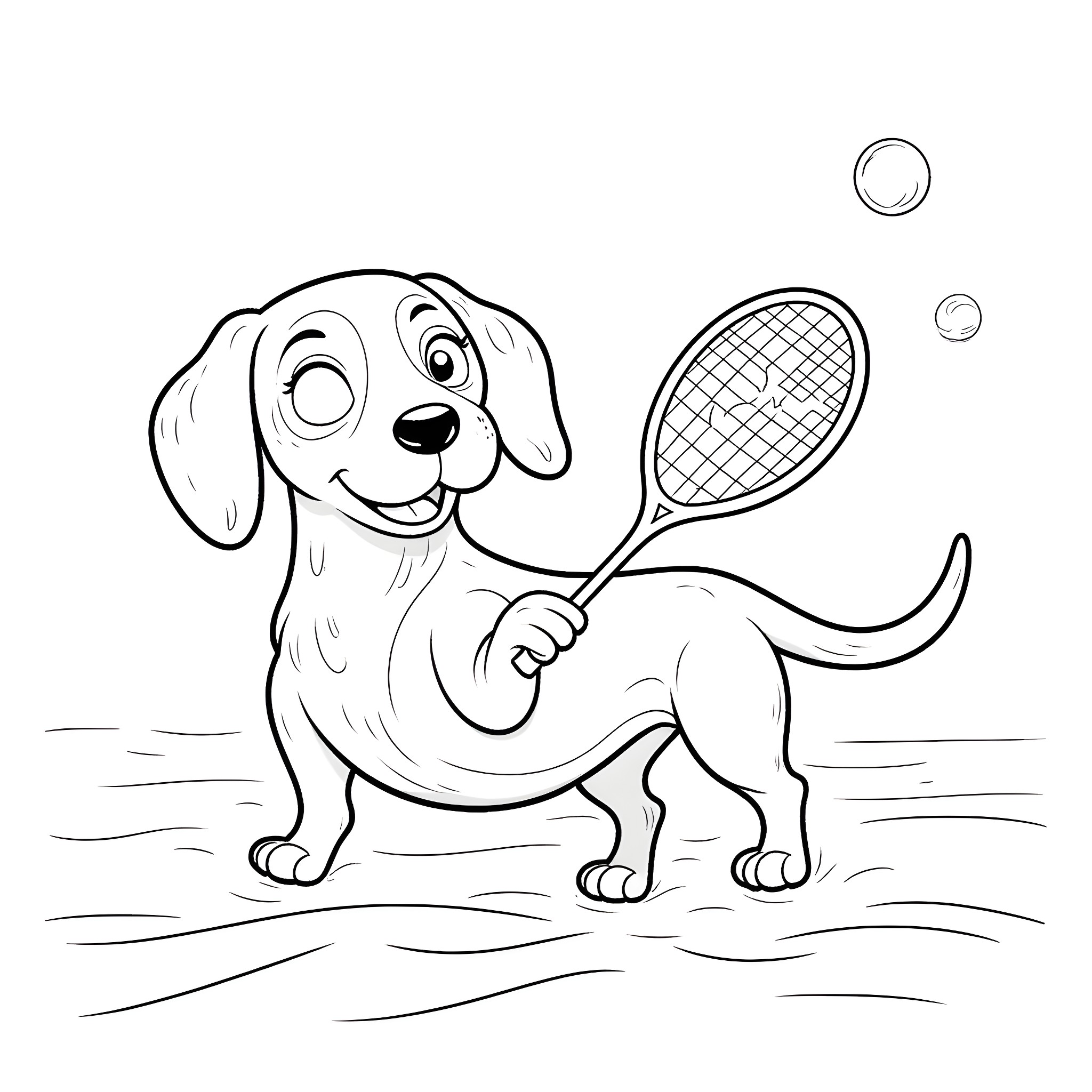 Dachshund playing with tennis ball Coloring Page (free black-and-white line drawing printable PDF for all, from beginners to advanced learners, including children, teens, adults, and seniors)