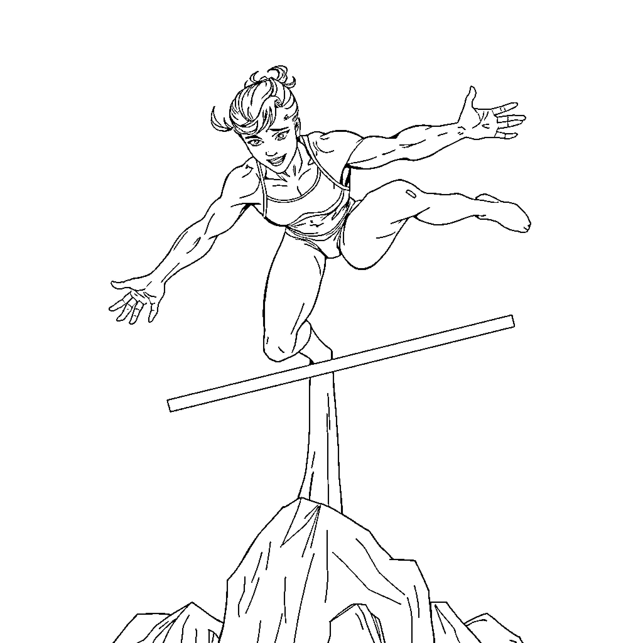 Gymnast performing acrobatic move on balance beam Coloring Page (free black-and-white line drawing printable PDF for all, from beginners to advanced learners, including children, teens, adults, and seniors)