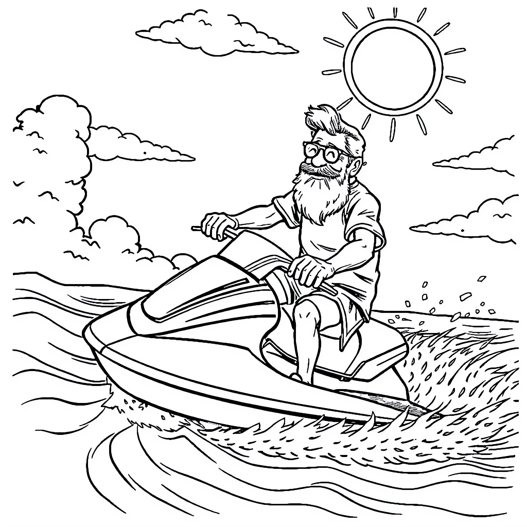 Grandpa enjoying a relaxing boat ride on a sunny day Coloring Page (free black-and-white line drawing printable PDF for all, from beginners to advanced learners, including children, teens, adults, and seniors)