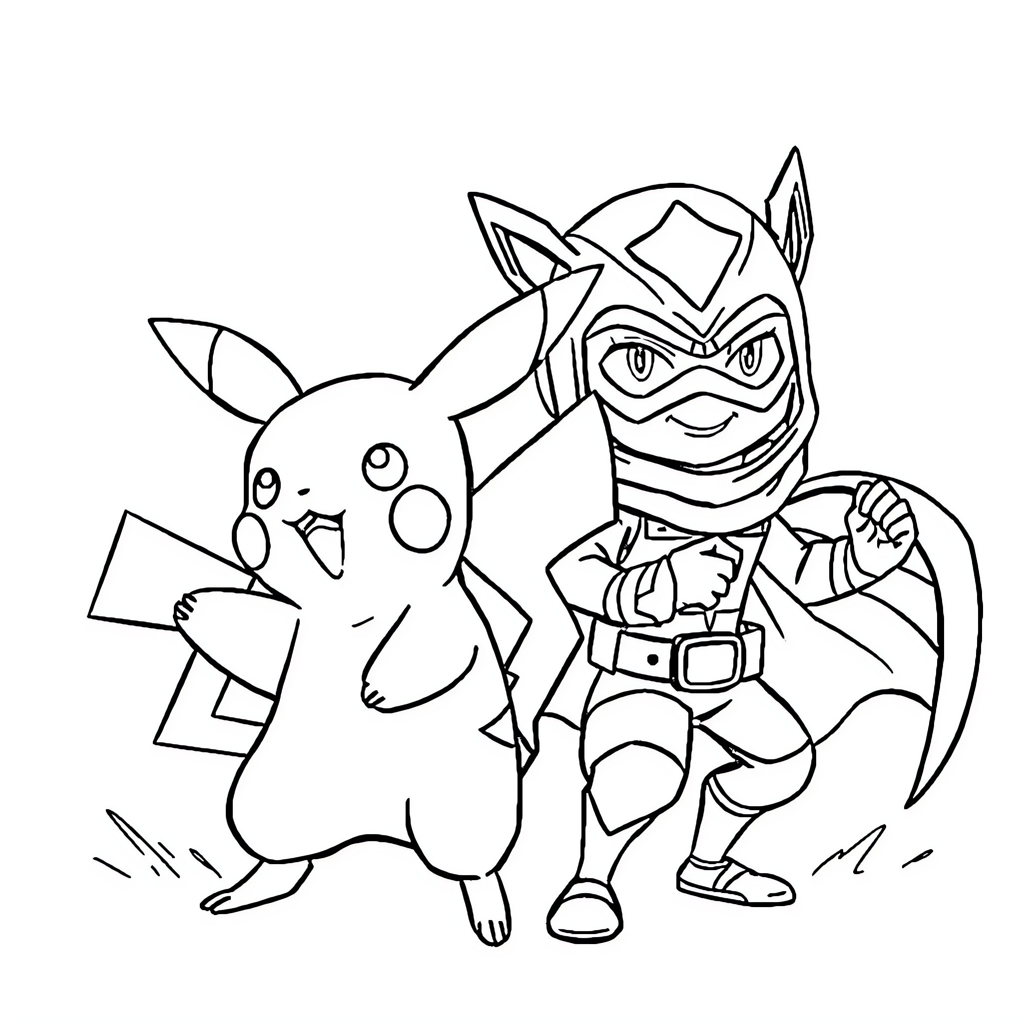 Pikachu and costumed companion in action Coloring Page (free black-and-white line drawing printable PDF for all, from beginners to advanced learners, including children, teens, adults, and seniors)
