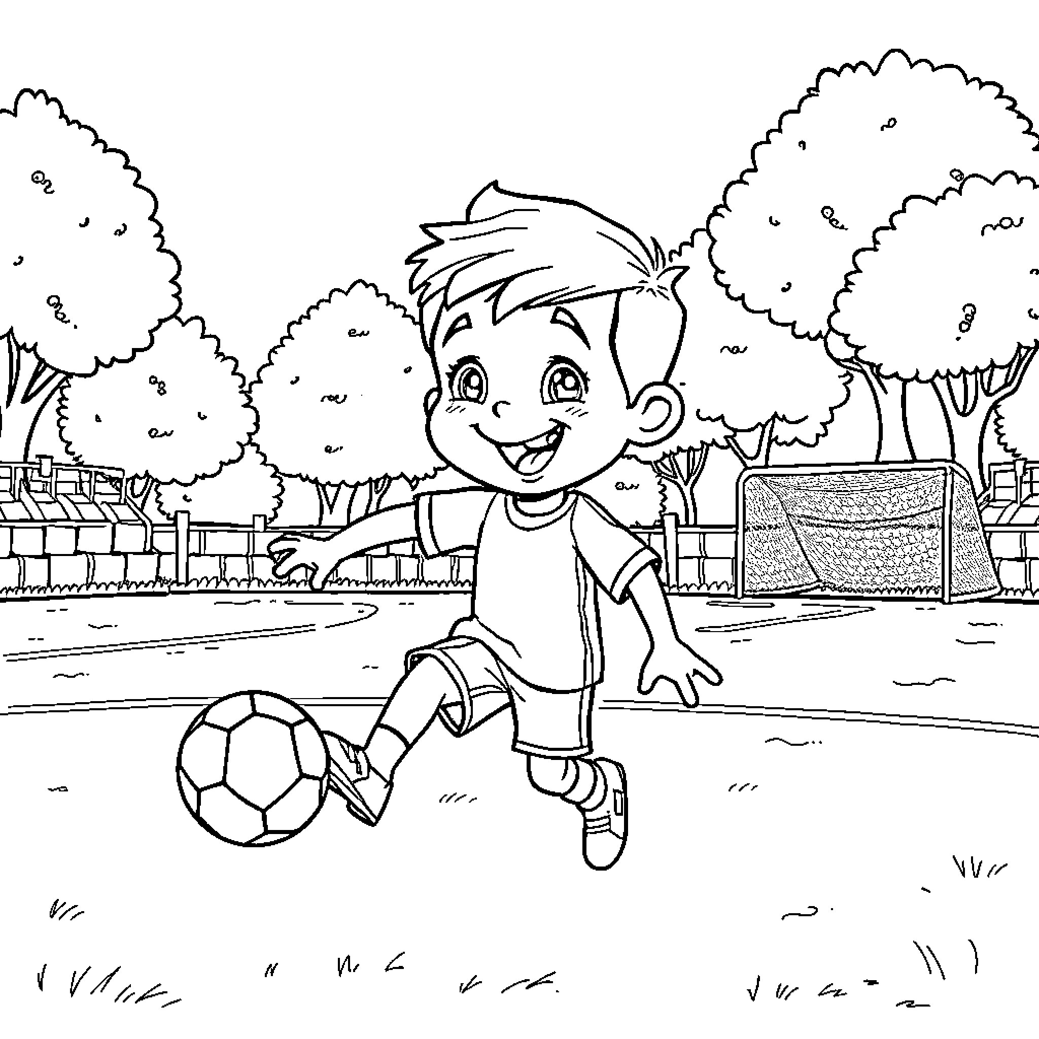 Zoda playing soccer joyfully in the park Coloring Page (free black-and-white line drawing printable PDF for all, from beginners to advanced learners, including children, teens, adults, and seniors)