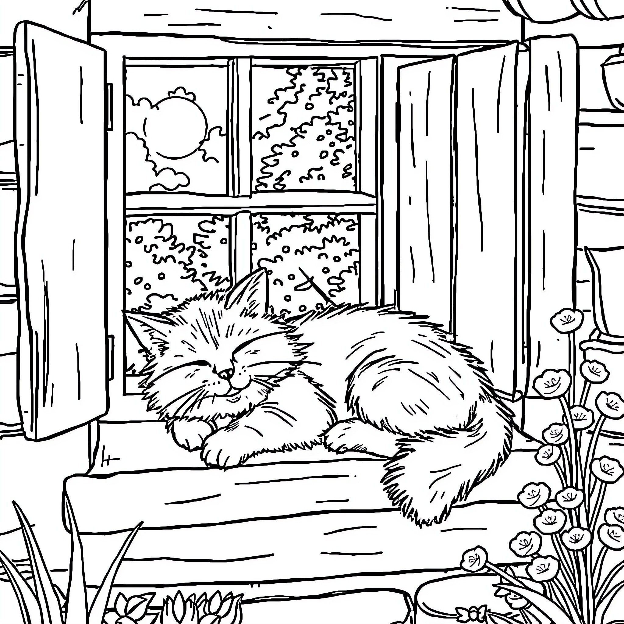 Cat napping peacefully by the window Coloring Page (free black-and-white line drawing printable PDF for all, from beginners to advanced learners, including children, teens, adults, and seniors)