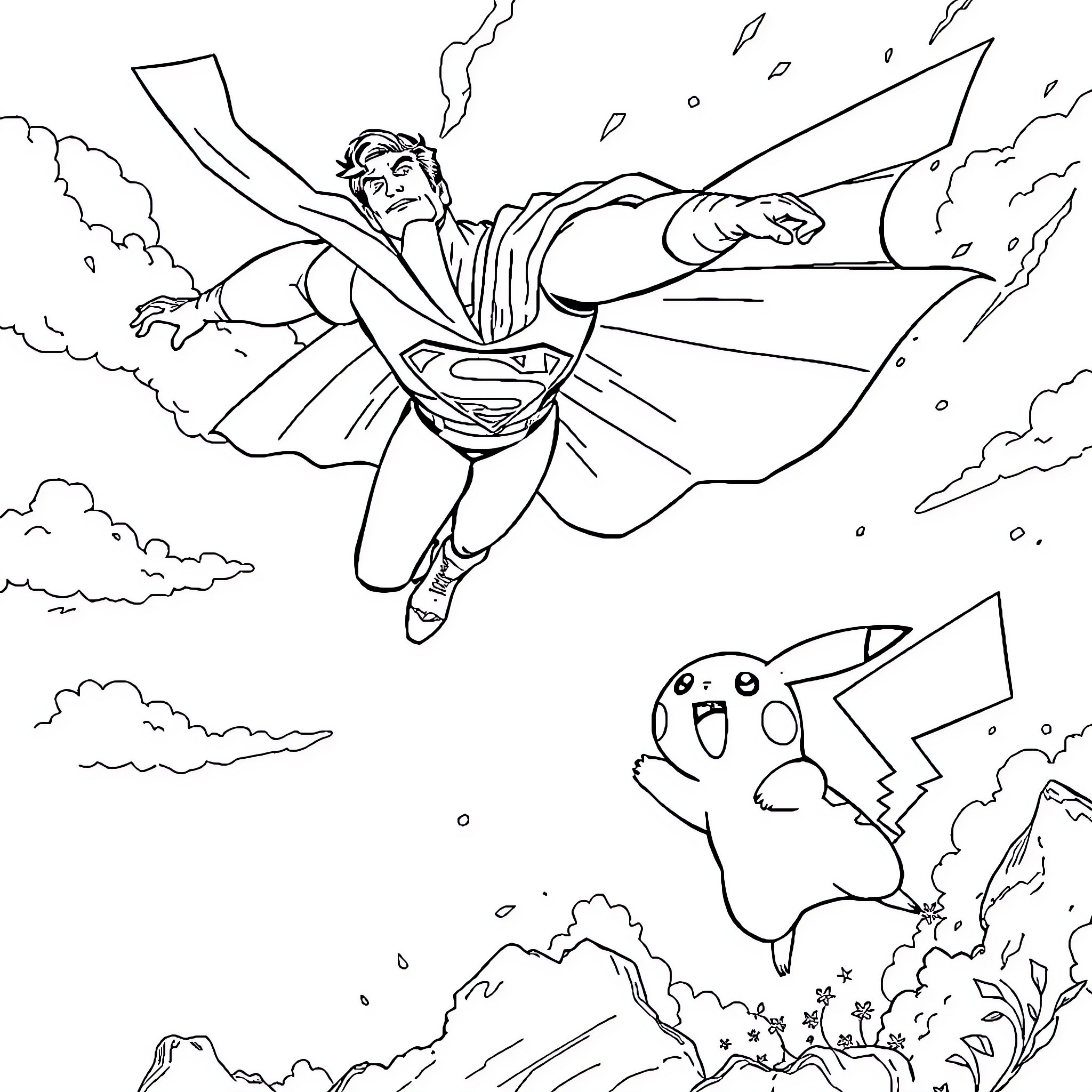 Pikachu surprised by Superman's heroic flight Coloring Page (free black-and-white line drawing printable PDF for all, from beginners to advanced learners, including children, teens, adults, and seniors)