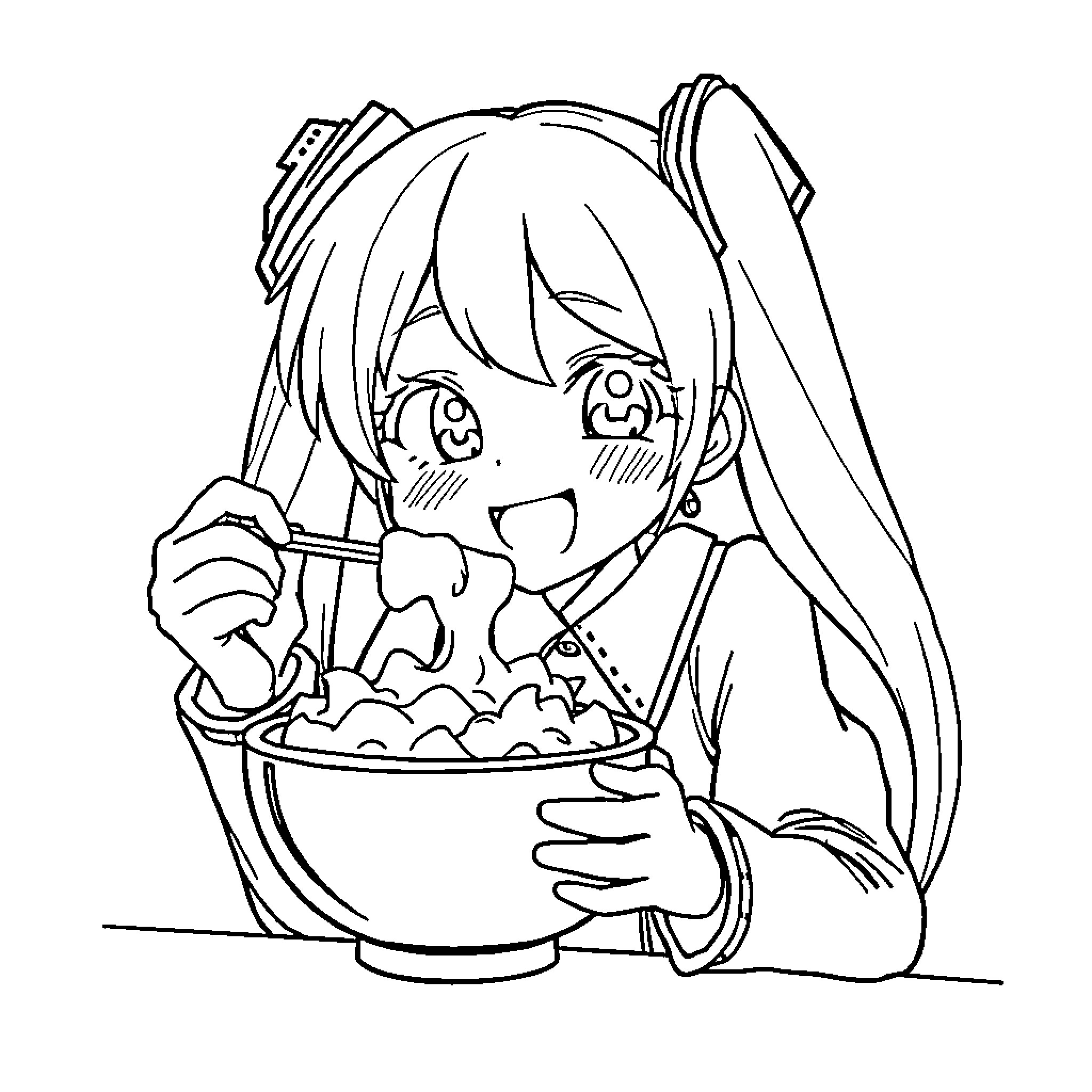 Hatsune Miku enjoying a tasty snack Coloring Page (free black-and-white line drawing printable PDF for all, from beginners to advanced learners, including children, teens, adults, and seniors)