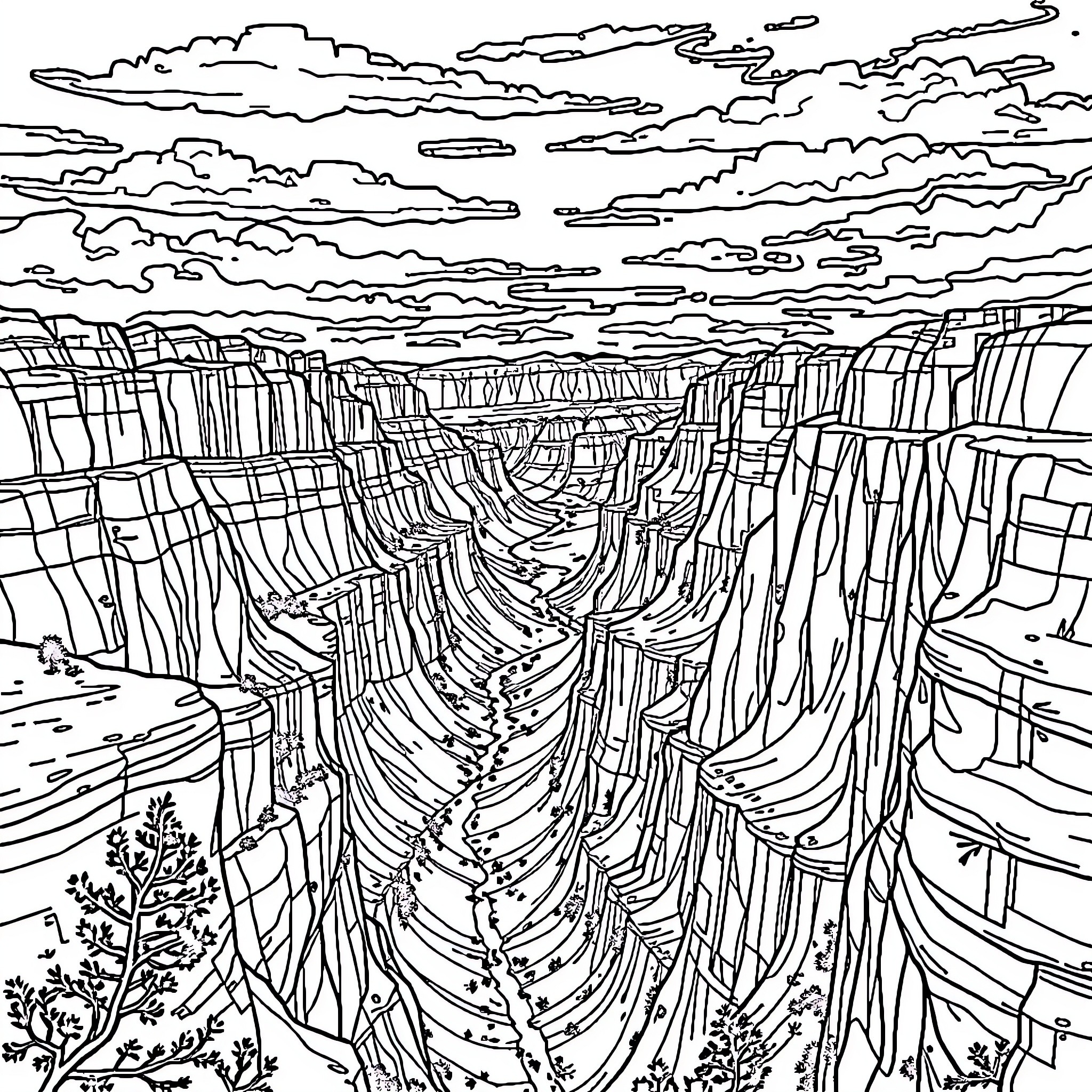 Grand Canyon Scenic Landscape Coloring Page (free black-and-white line drawing printable PDF for all, from beginners to advanced learners, including children, teens, adults, and seniors)