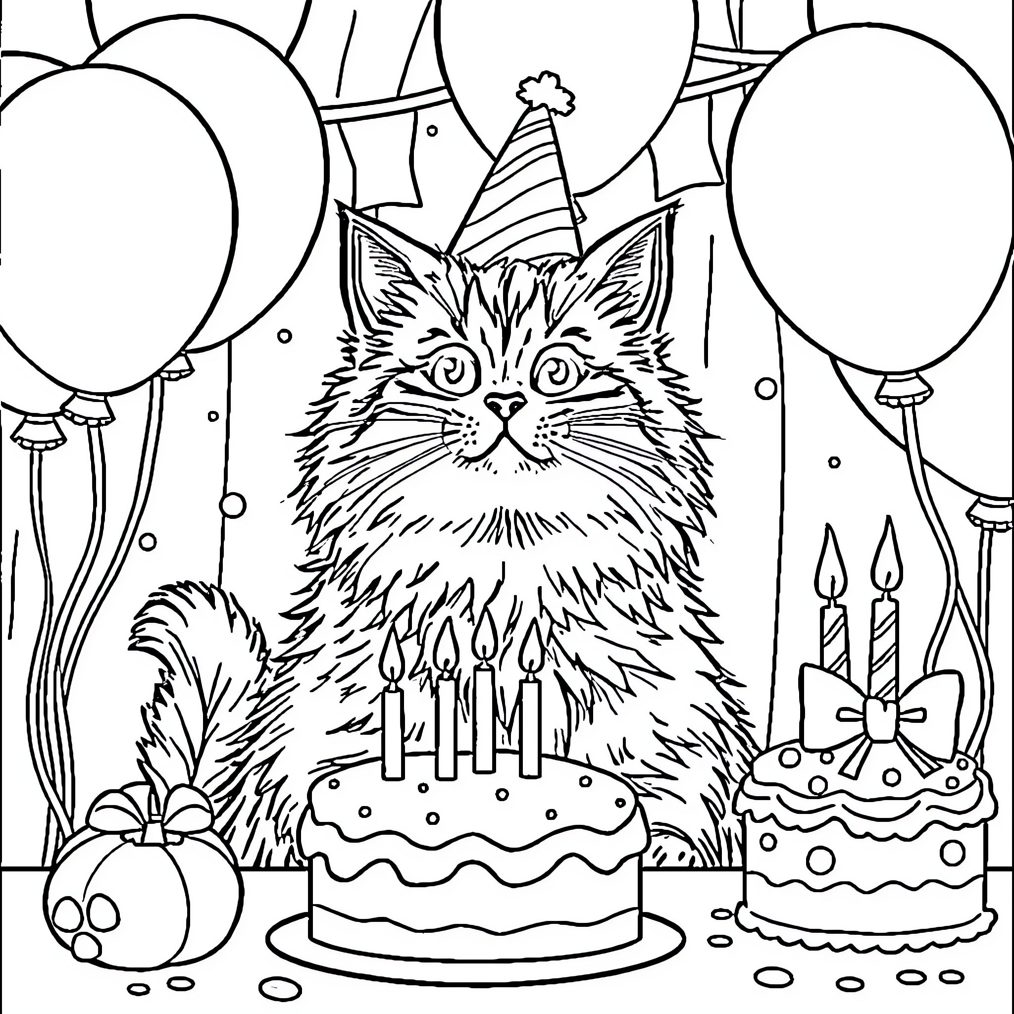 Cat celebrating birthday with cake and balloons Coloring Page (free black-and-white line drawing printable PDF for all, from beginners to advanced learners, including children, teens, adults, and seniors)