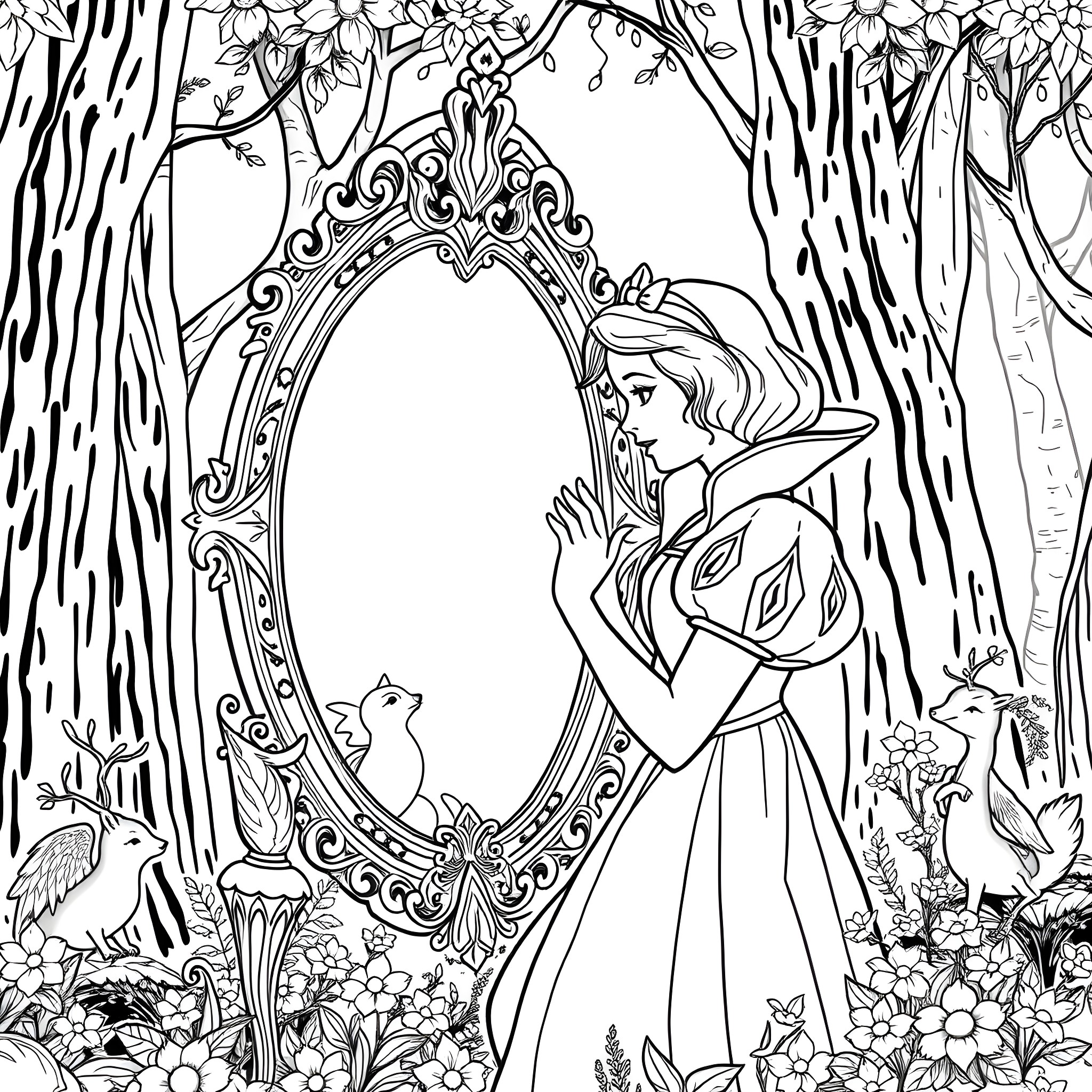 Magic Mirror: A Fairytale Princess in the Enchanted Forest Coloring Page (free black-and-white line drawing printable PDF for all, from beginners to advanced learners, including children, teens, adults, and seniors)