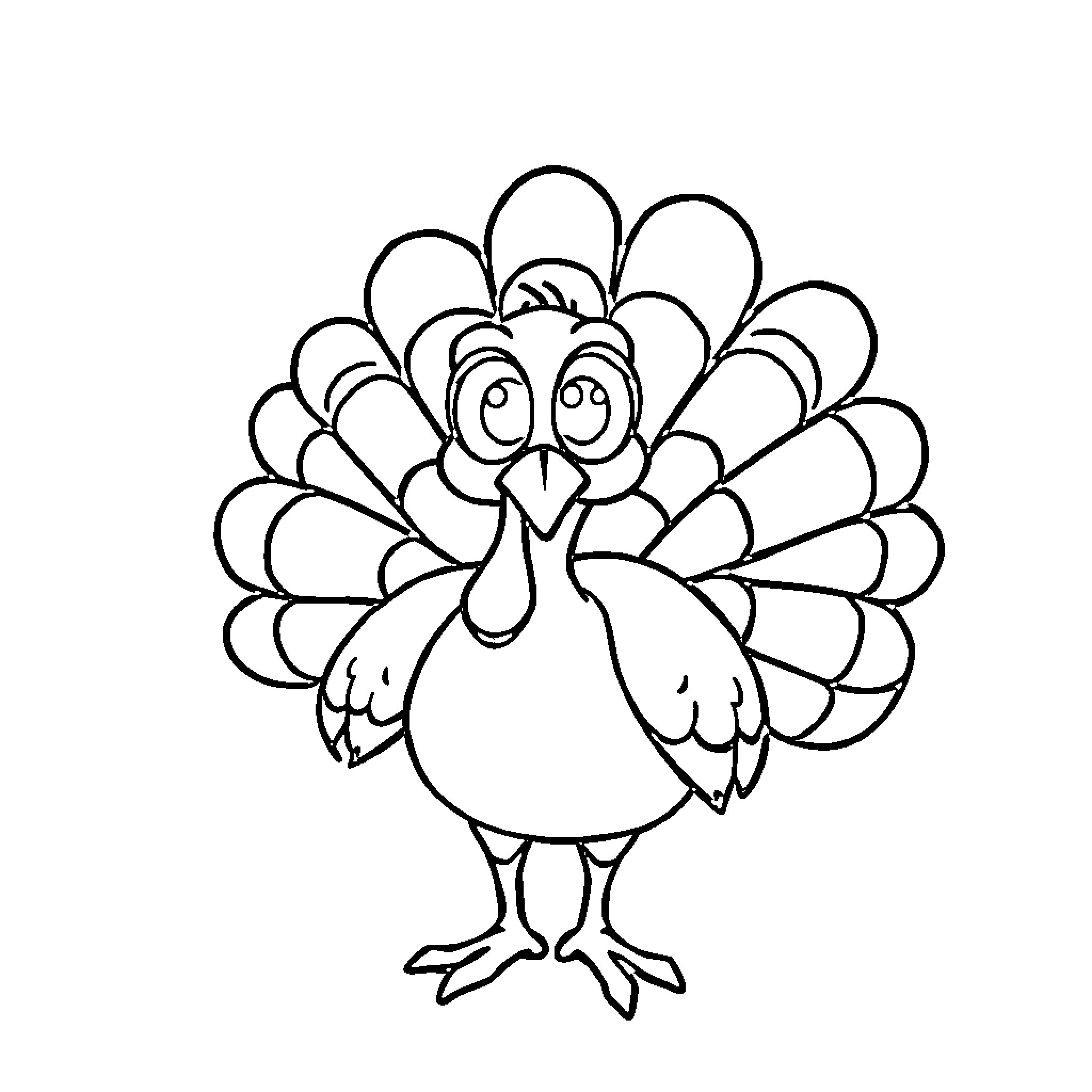 Turkey with expressive cartoon design Coloring Page (free black-and-white line drawing printable PDF for all, from beginners to advanced learners, including children, teens, adults, and seniors)