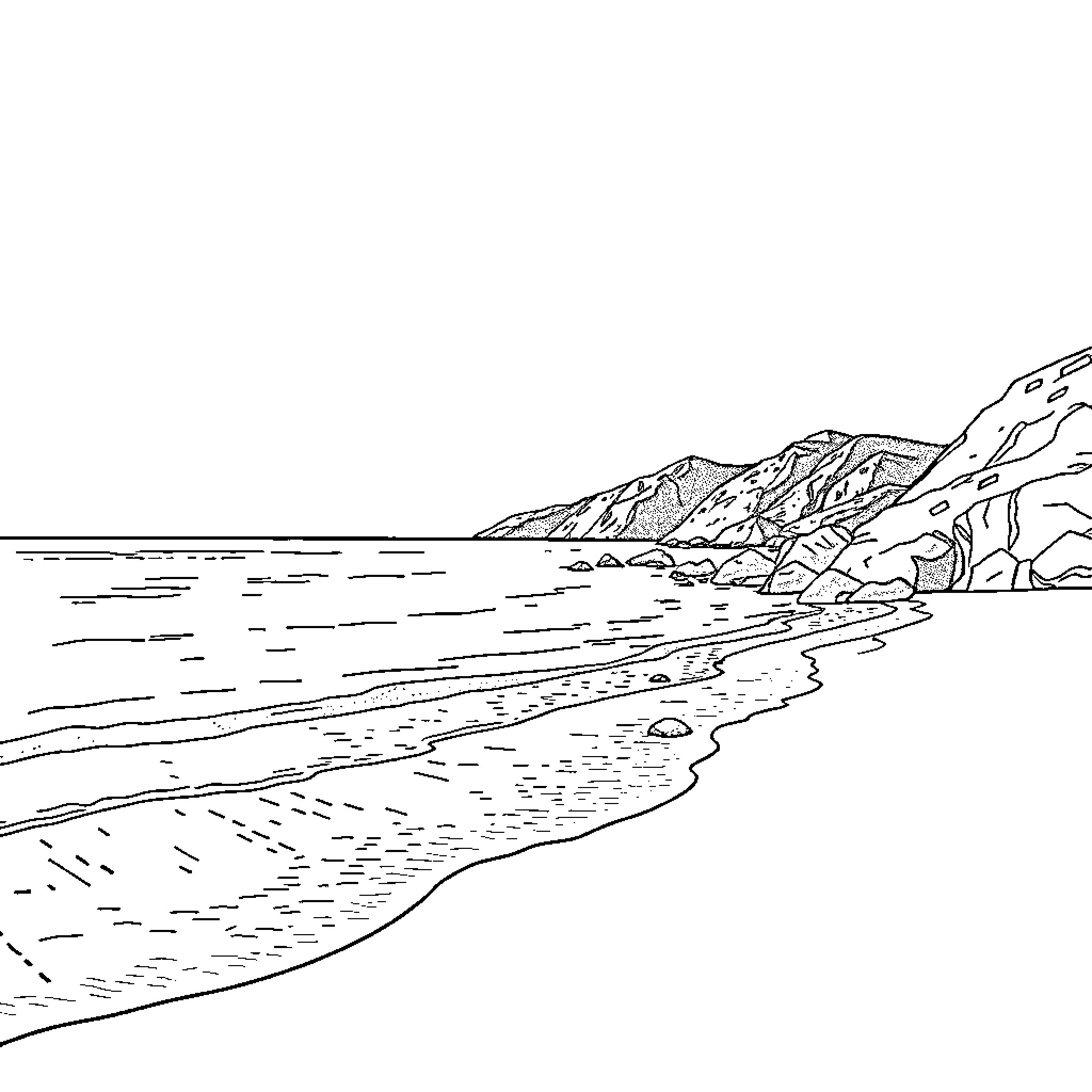 Beach with rocky coastline and calm waters Coloring Page (free black-and-white line drawing printable PDF for all, from beginners to advanced learners, including children, teens, adults, and seniors)