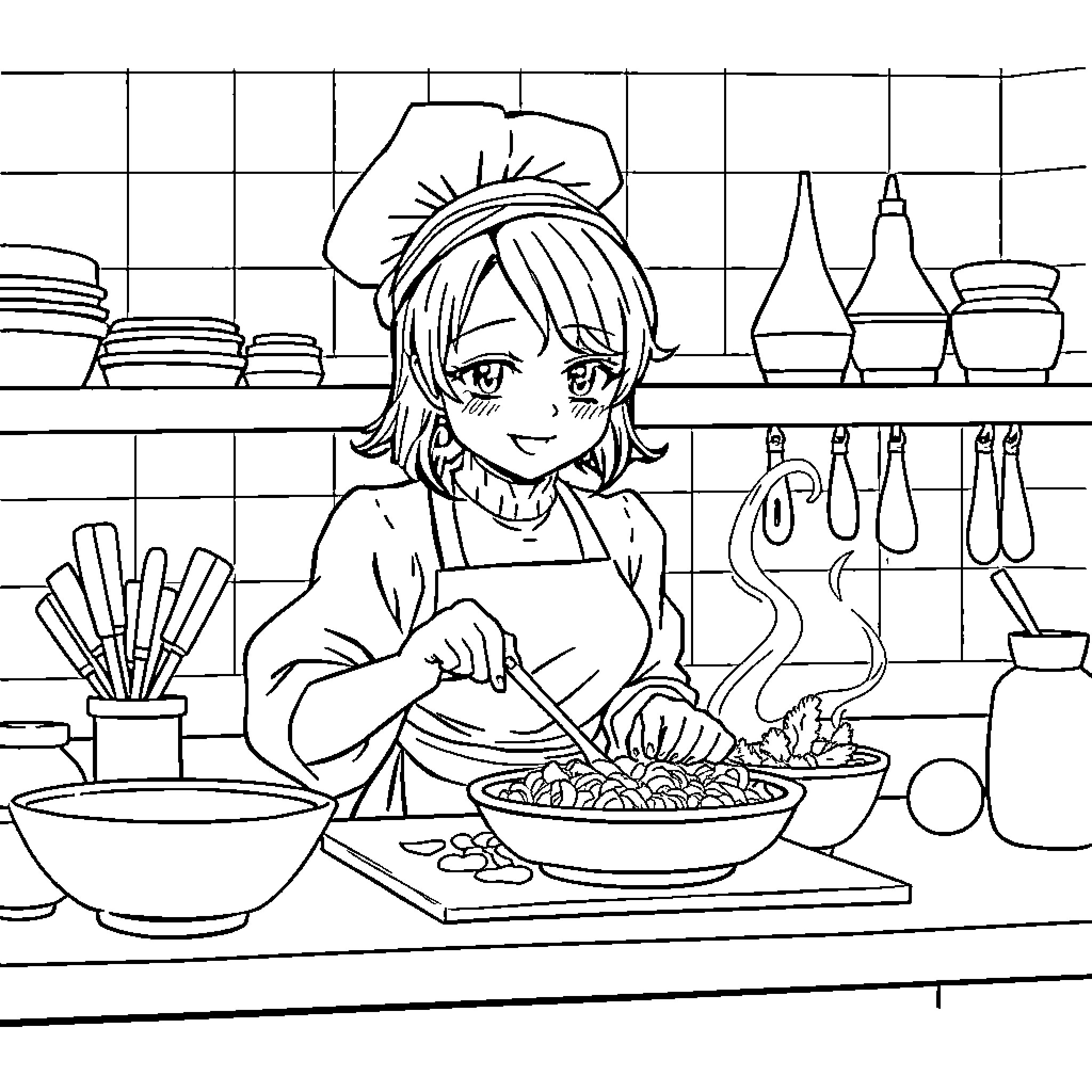 Kuromi cooking cheerfully in the kitchen Coloring Page (free black-and-white line drawing printable PDF for all, from beginners to advanced learners, including children, teens, adults, and seniors)