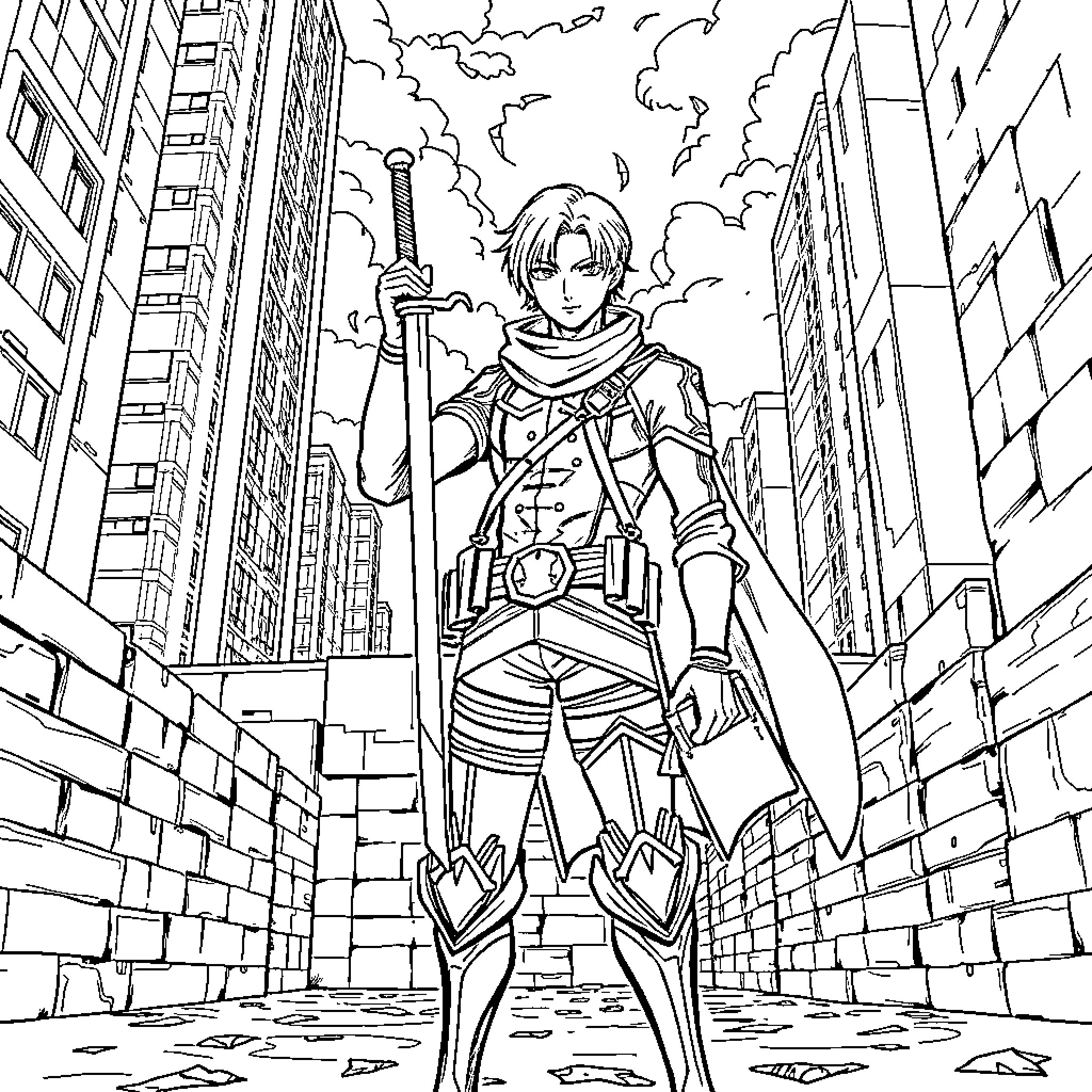 Levi Ackerman stands resolute in the city Coloring Page (free black-and-white line drawing printable PDF for all, from beginners to advanced learners, including children, teens, adults, and seniors)