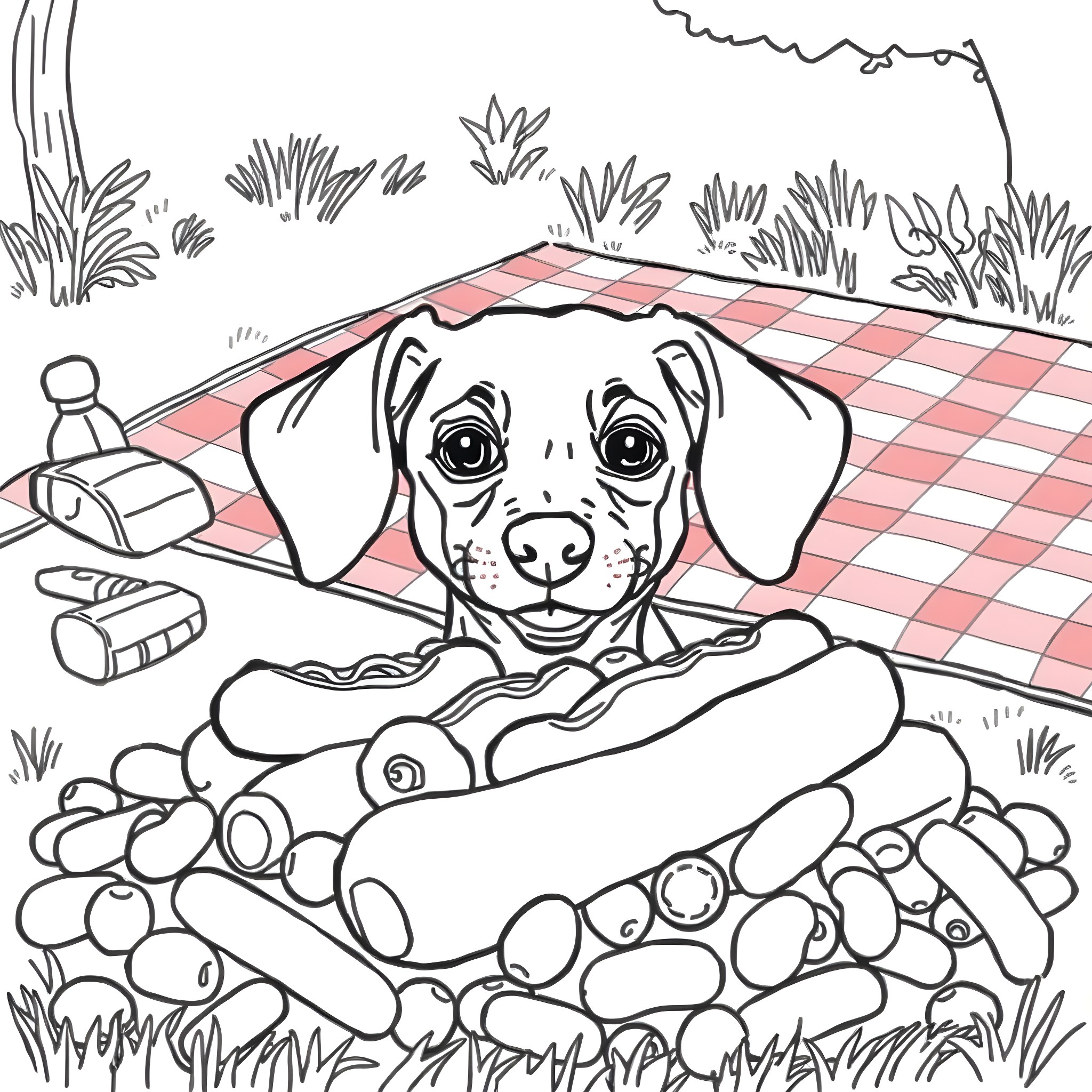 Dachshund enjoying a picnic in the park Coloring Page (free black-and-white line drawing printable PDF for all, from beginners to advanced learners, including children, teens, adults, and seniors)