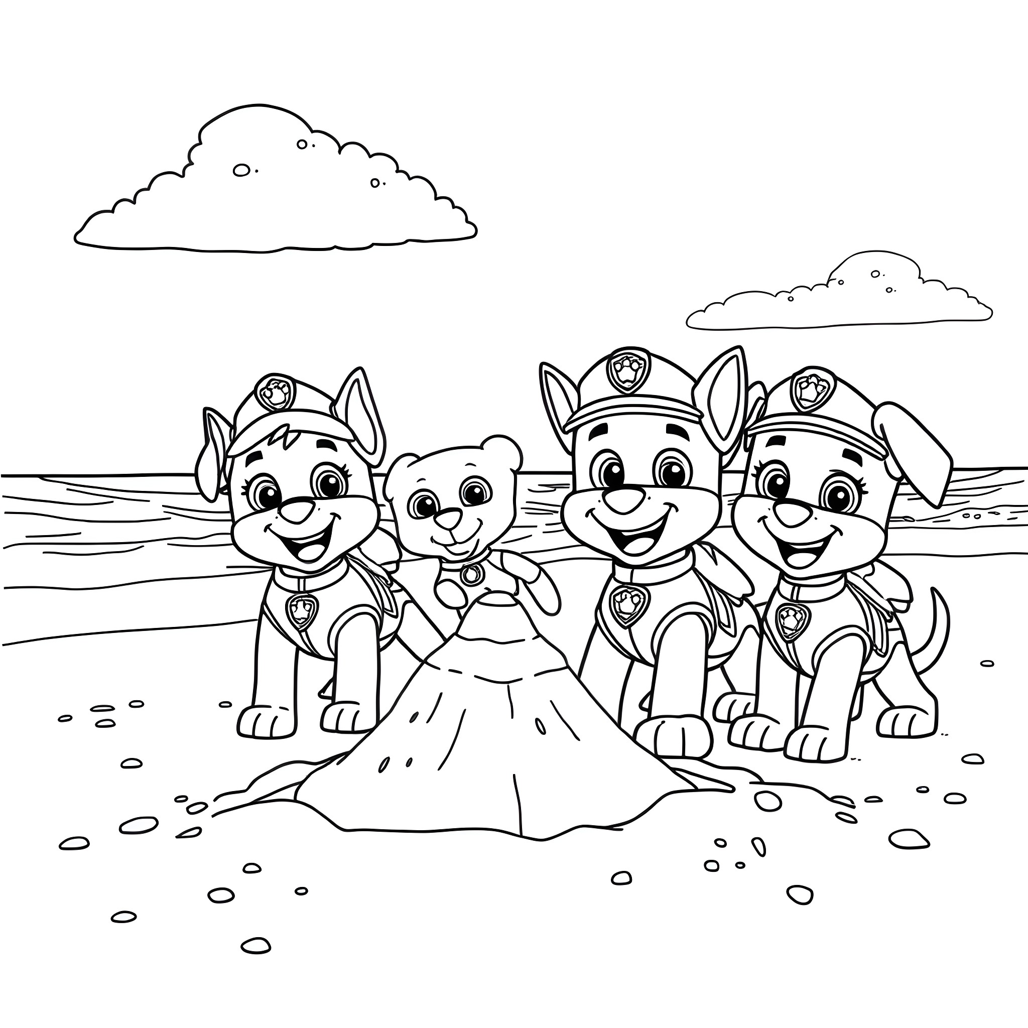 Paw Patrol puppies playing on the beach Coloring Page (free black-and-white line drawing printable PDF for all, from beginners to advanced learners, including children, teens, adults, and seniors)