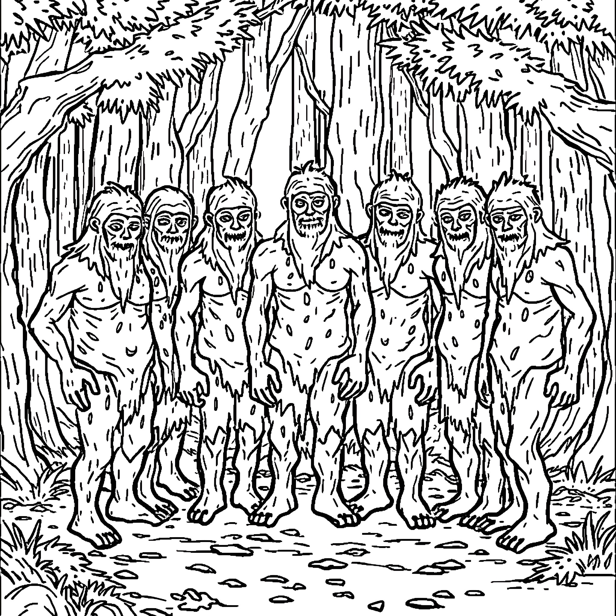 Mud Man: Tribal gathering in the forest Coloring Page (free black-and-white line drawing printable PDF for all, from beginners to advanced learners, including children, teens, adults, and seniors)