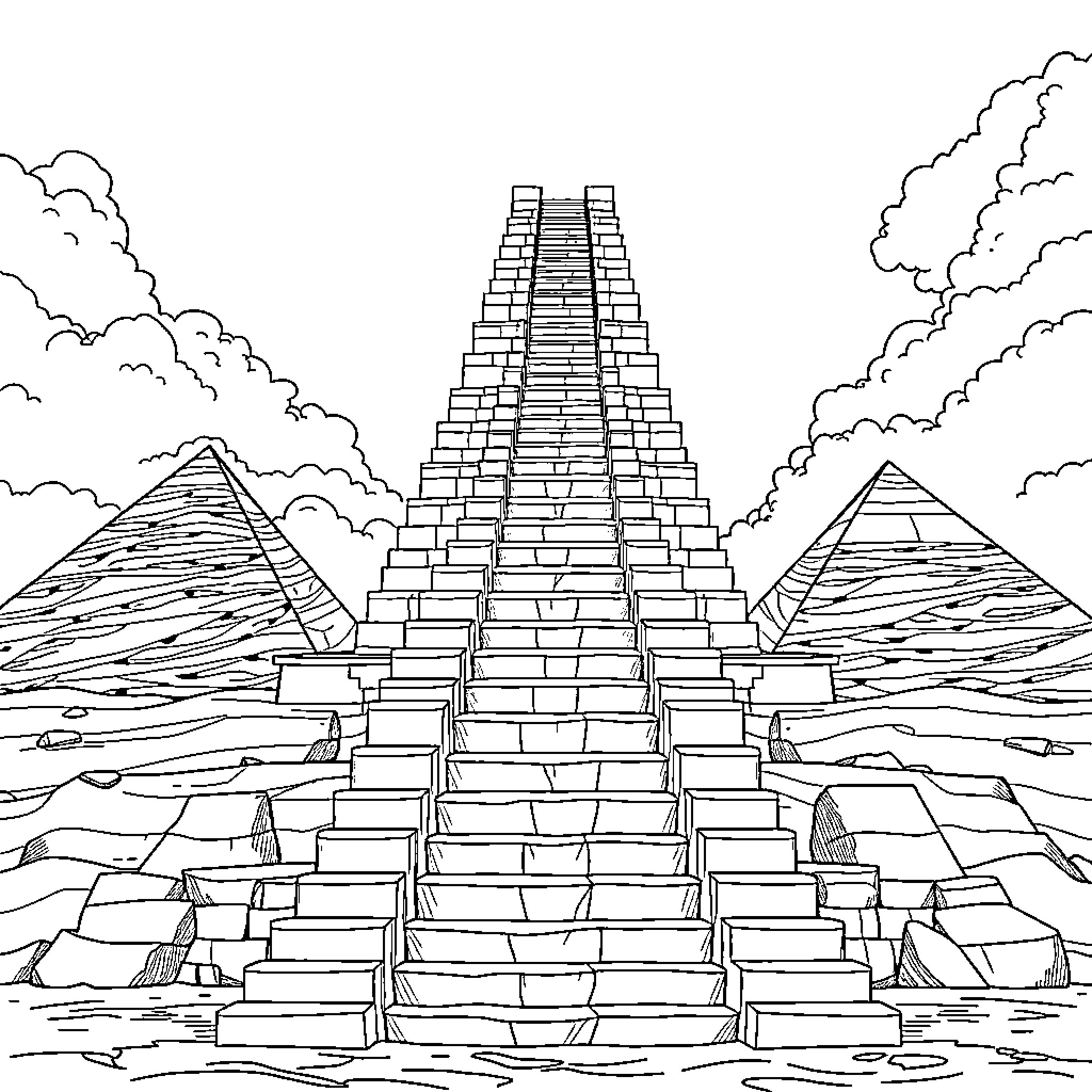 Ladder to Ancient Pyramids in the Clouds Coloring Page (free black-and-white line drawing printable PDF for all, from beginners to advanced learners, including children, teens, adults, and seniors)