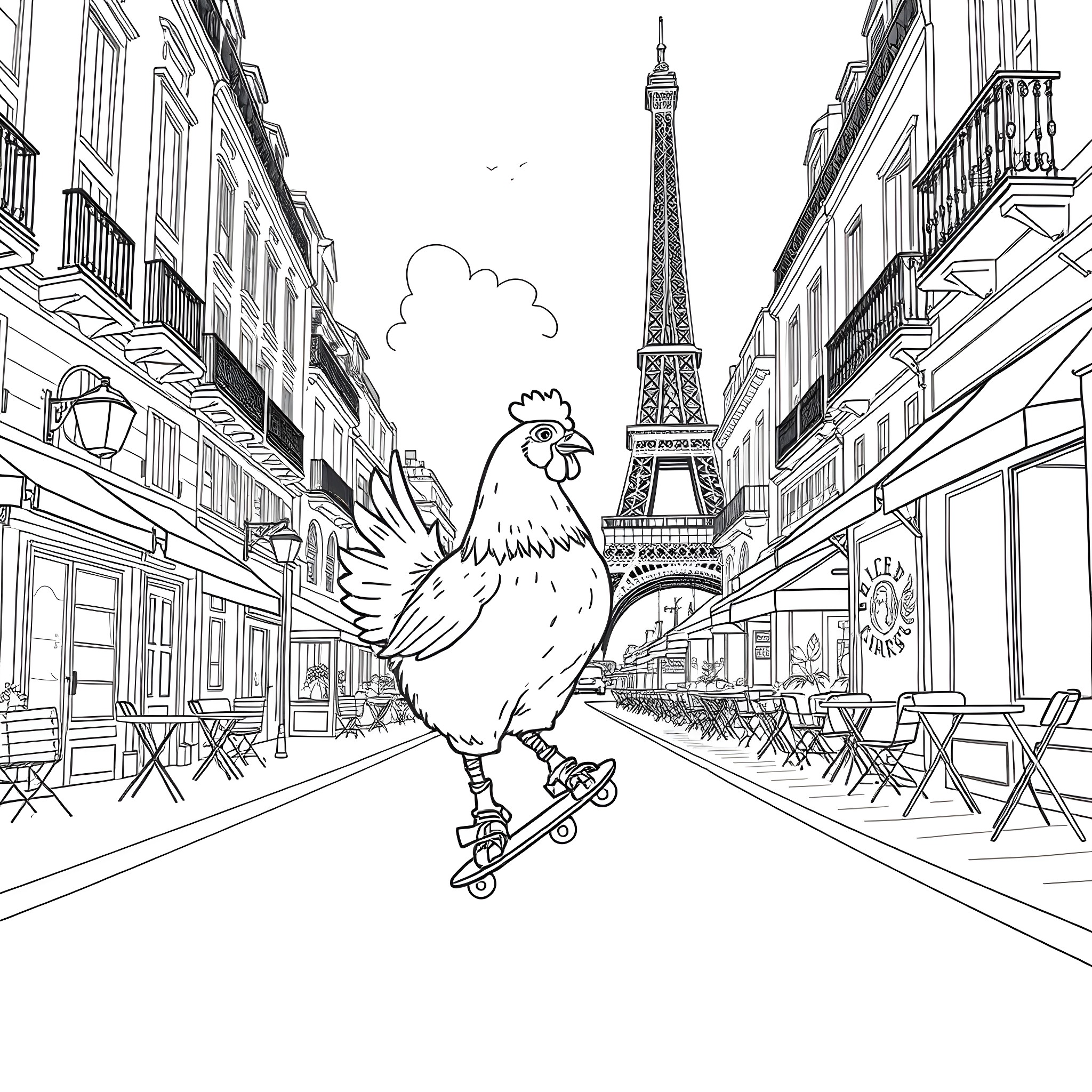 Chicken skateboarding in Paris street with Eiffel Tower Coloring Page (free black-and-white line drawing printable PDF for all, from beginners to advanced learners, including children, teens, adults, and seniors)