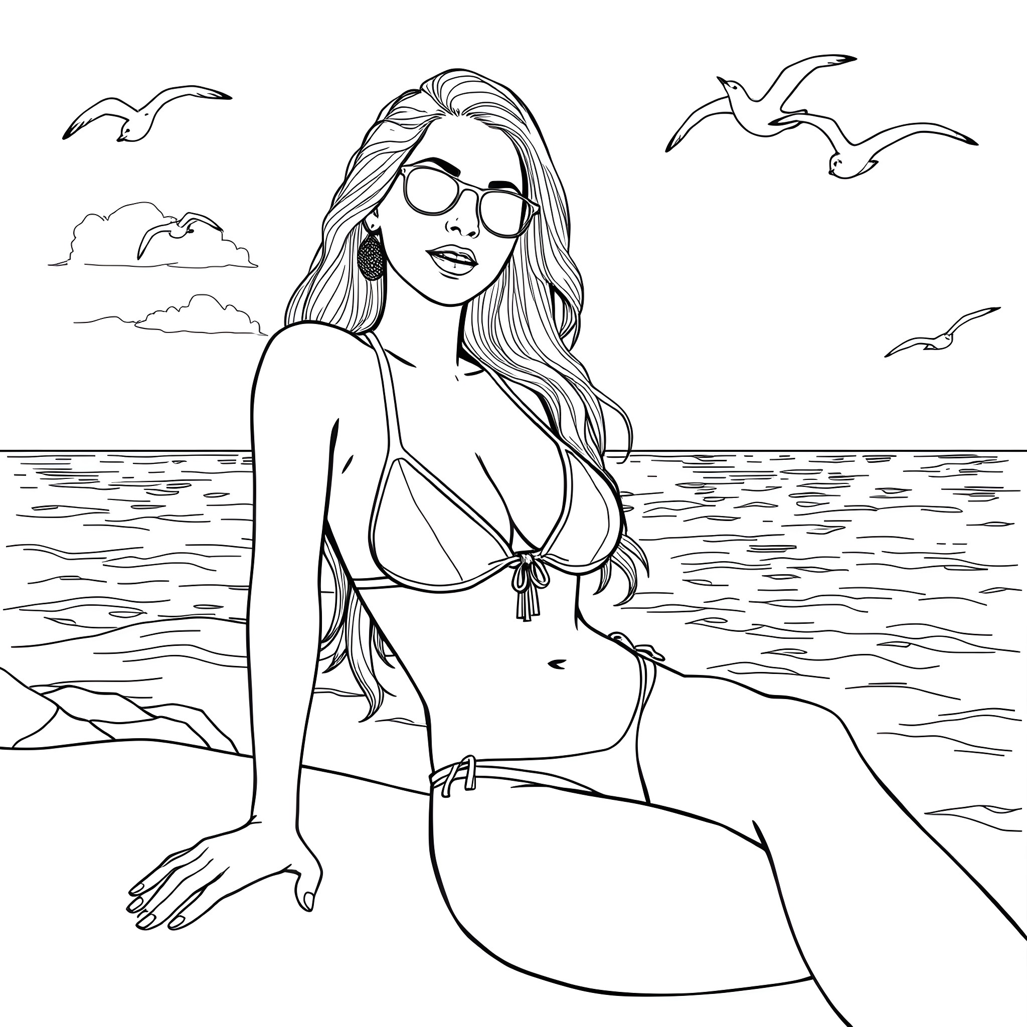 Girl enjoying the beach with seagulls Coloring Page (free black-and-white line drawing printable PDF for all, from beginners to advanced learners, including children, teens, adults, and seniors)