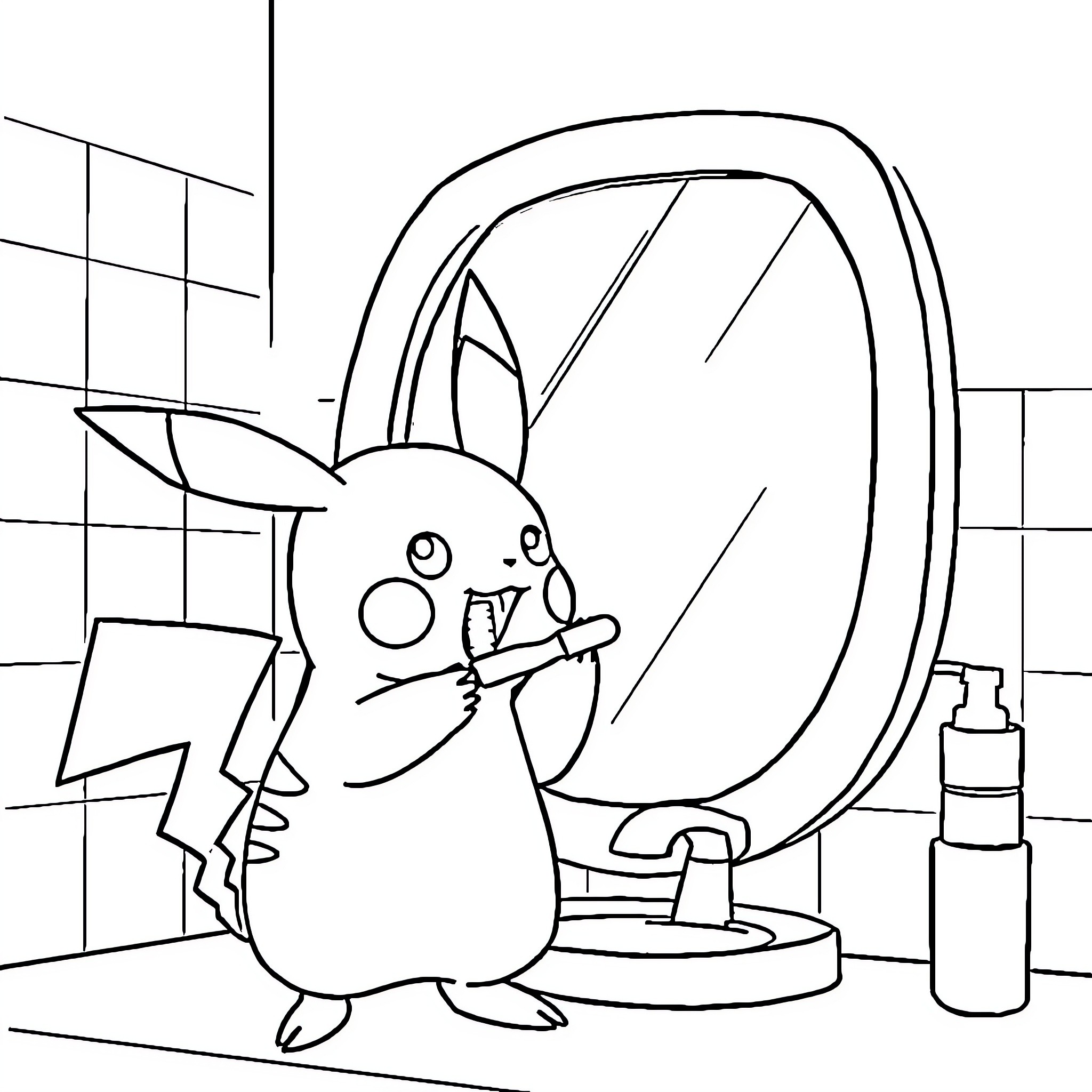 Pikachu making faces in the mirror Coloring Page (free black-and-white line drawing printable PDF for all, from beginners to advanced learners, including children, teens, adults, and seniors)