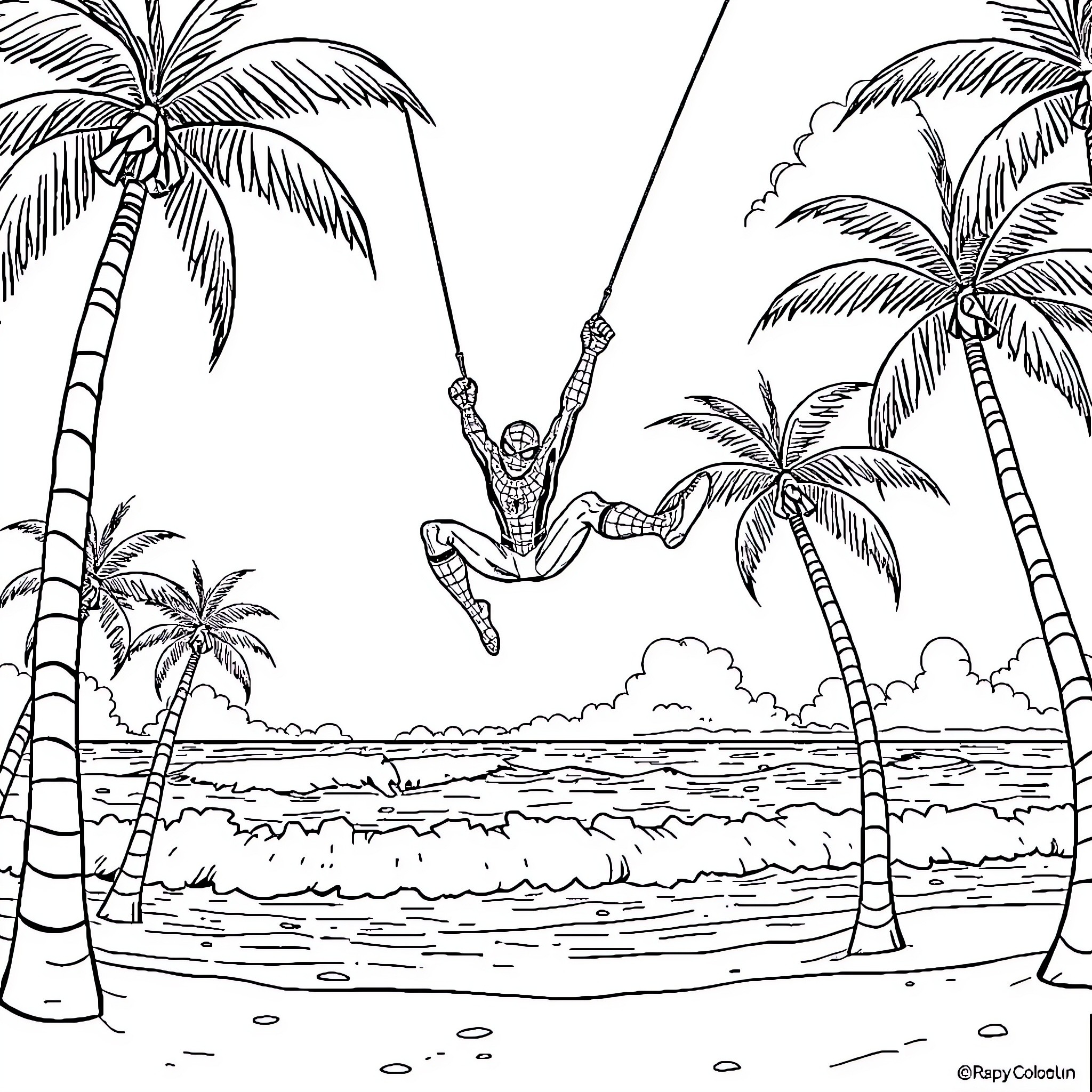 Spiderman swinging through a tropical paradise Coloring Page (free black-and-white line drawing printable PDF for all, from beginners to advanced learners, including children, teens, adults, and seniors)