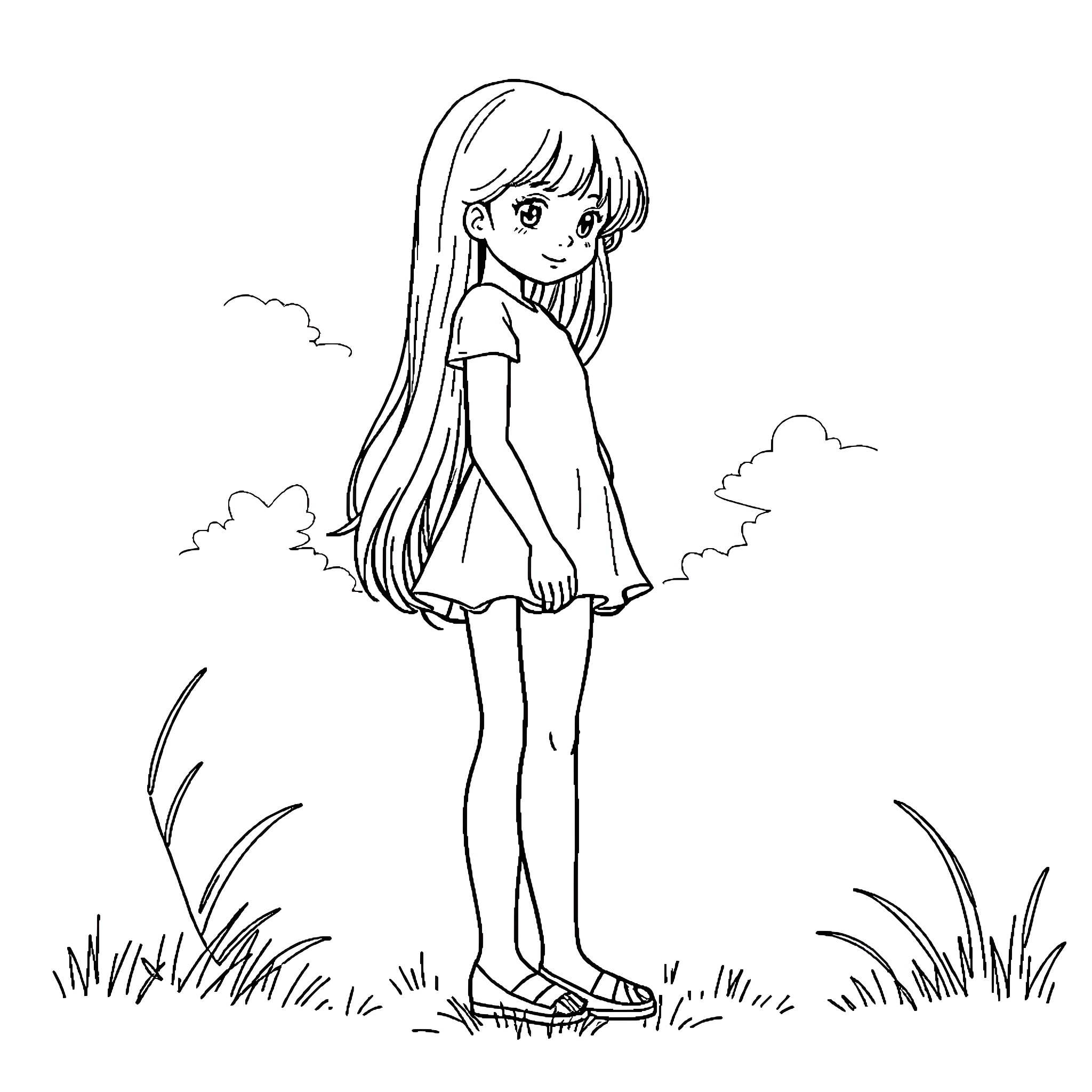 Girl in Casual Dress Enjoying Nature Coloring Page (free black-and-white line drawing printable PDF for all, from beginners to advanced learners, including children, teens, adults, and seniors)