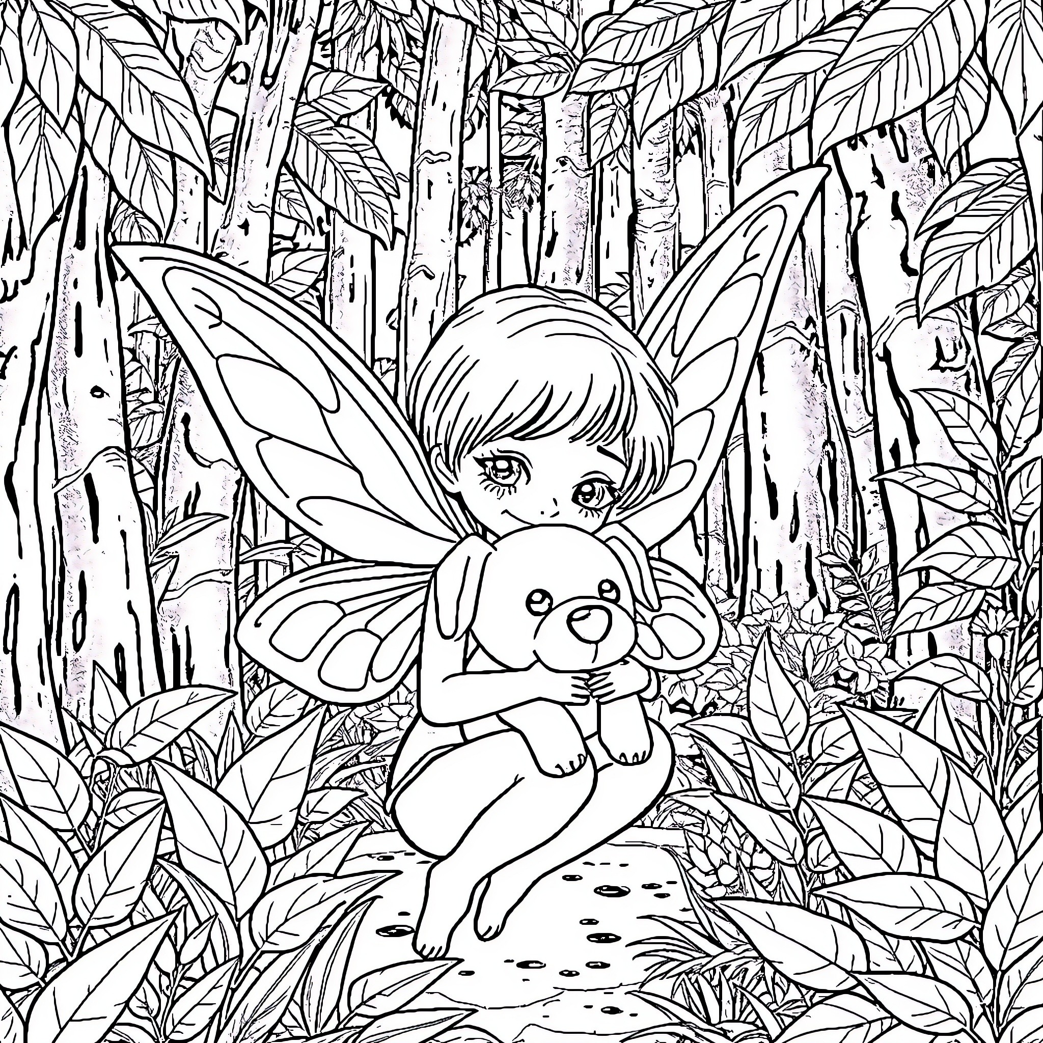 Fairy girl in enchanted forest with animal companion Coloring Page (free black-and-white line drawing printable PDF for all, from beginners to advanced learners, including children, teens, adults, and seniors)