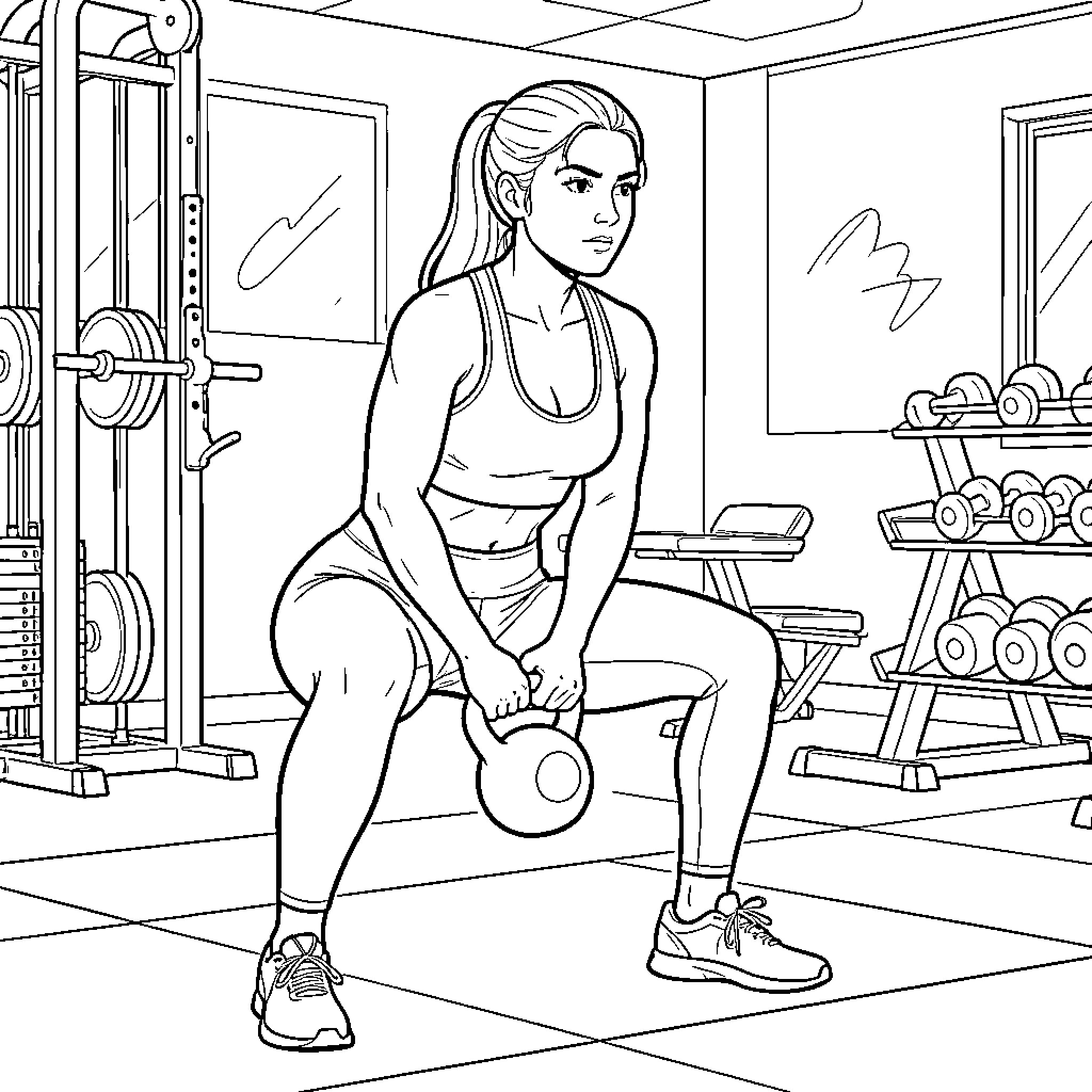 Woman exercising with weights in gym Coloring Page (free black-and-white line drawing printable PDF for all, from beginners to advanced learners, including children, teens, adults, and seniors)
