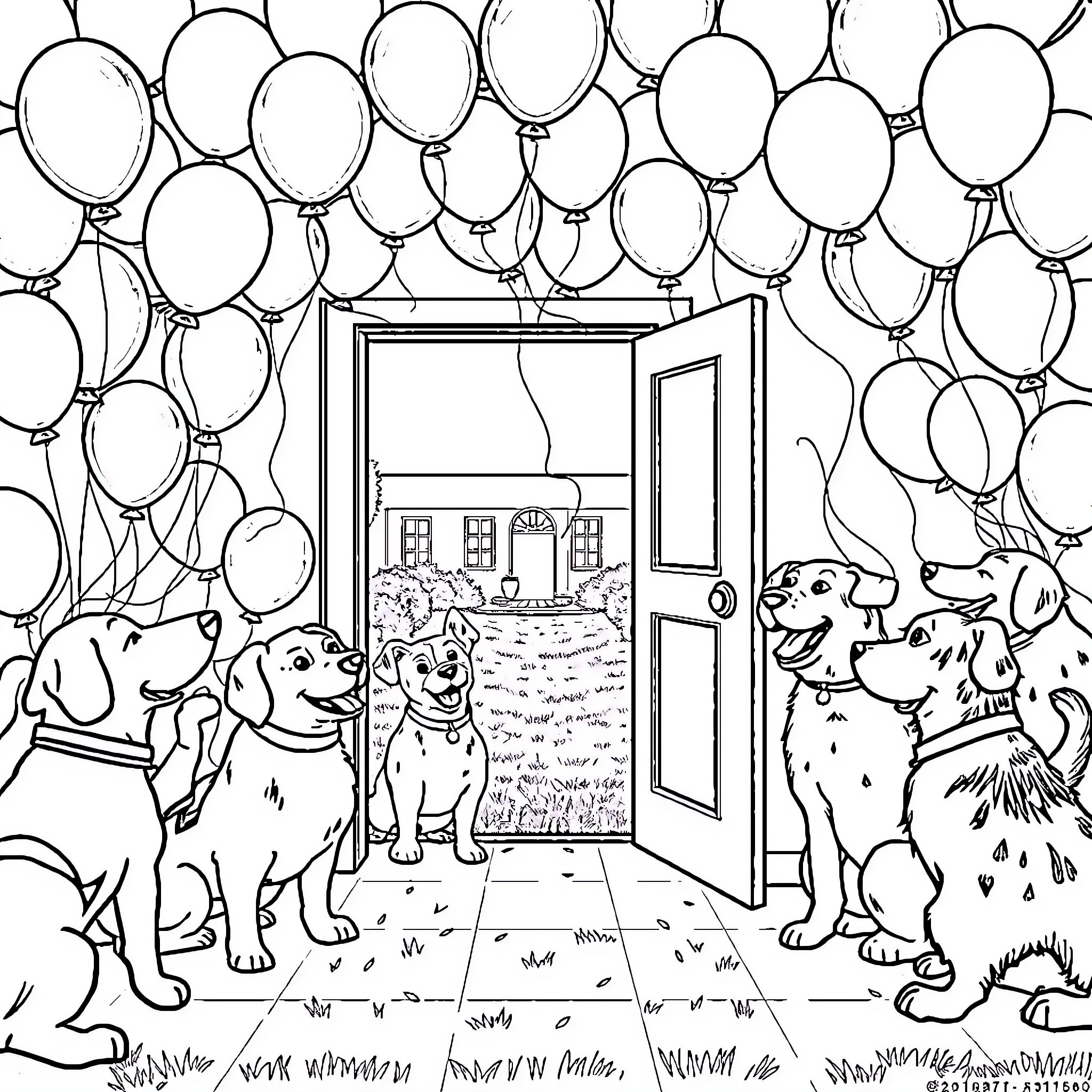 Dog party with balloons Coloring Page (free black-and-white line drawing printable PDF for all, from beginners to advanced learners, including children, teens, adults, and seniors)