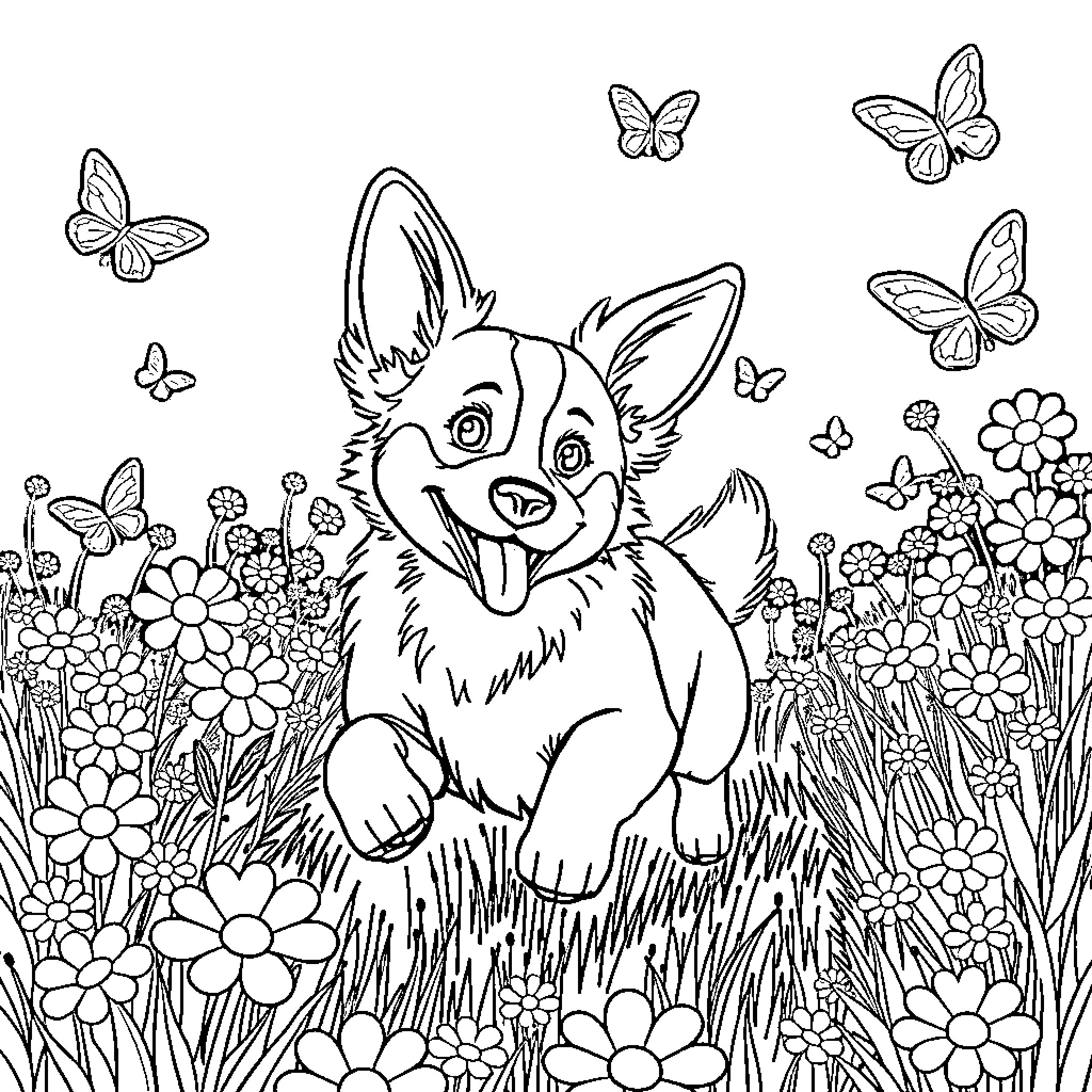 Dog playing happily in a floral garden Coloring Page (free black-and-white line drawing printable PDF for all, from beginners to advanced learners, including children, teens, adults, and seniors)