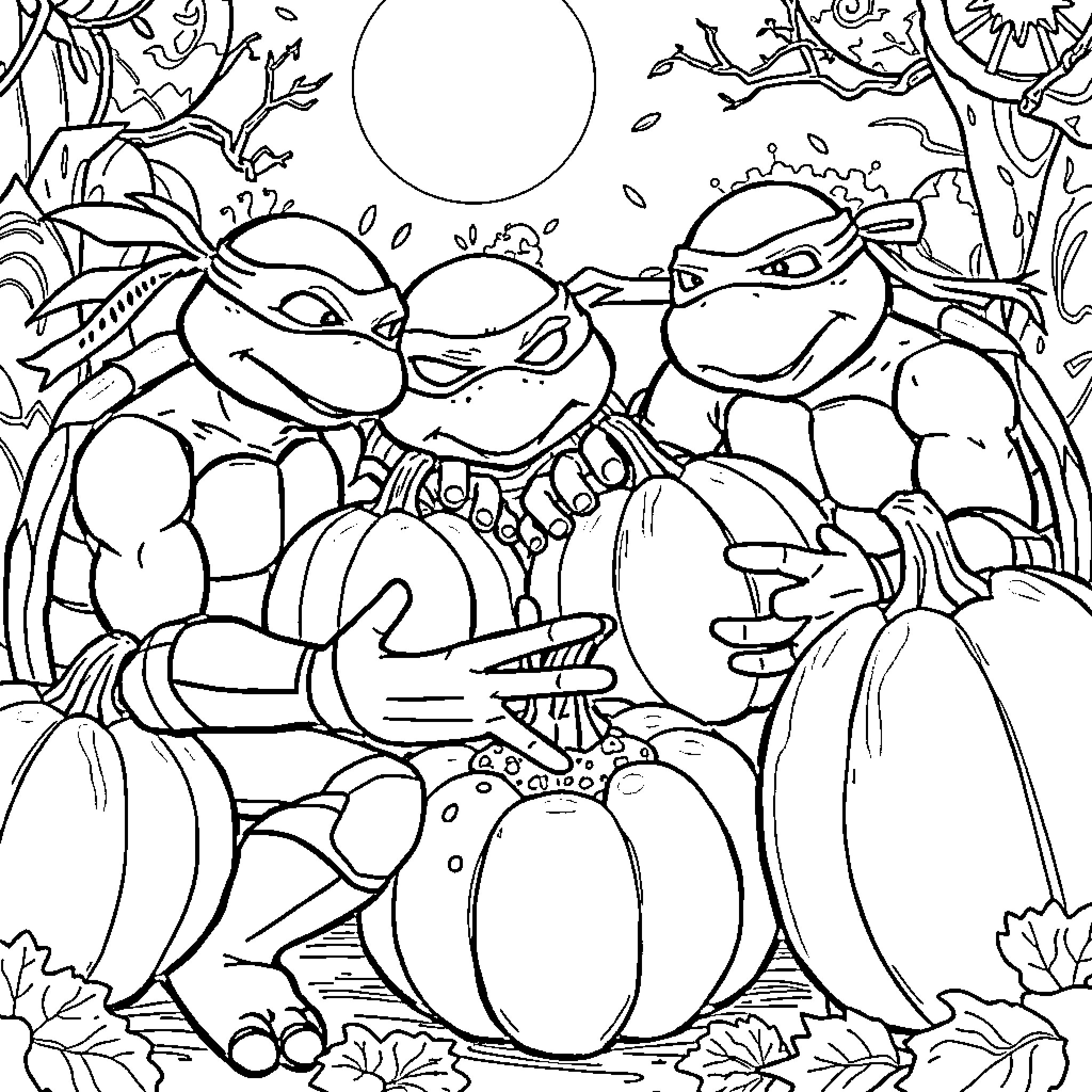 Teenage Mutant Ninja Turtles in Playful Adventure Coloring Page (free black-and-white line drawing printable PDF for all, from beginners to advanced learners, including children, teens, adults, and seniors)