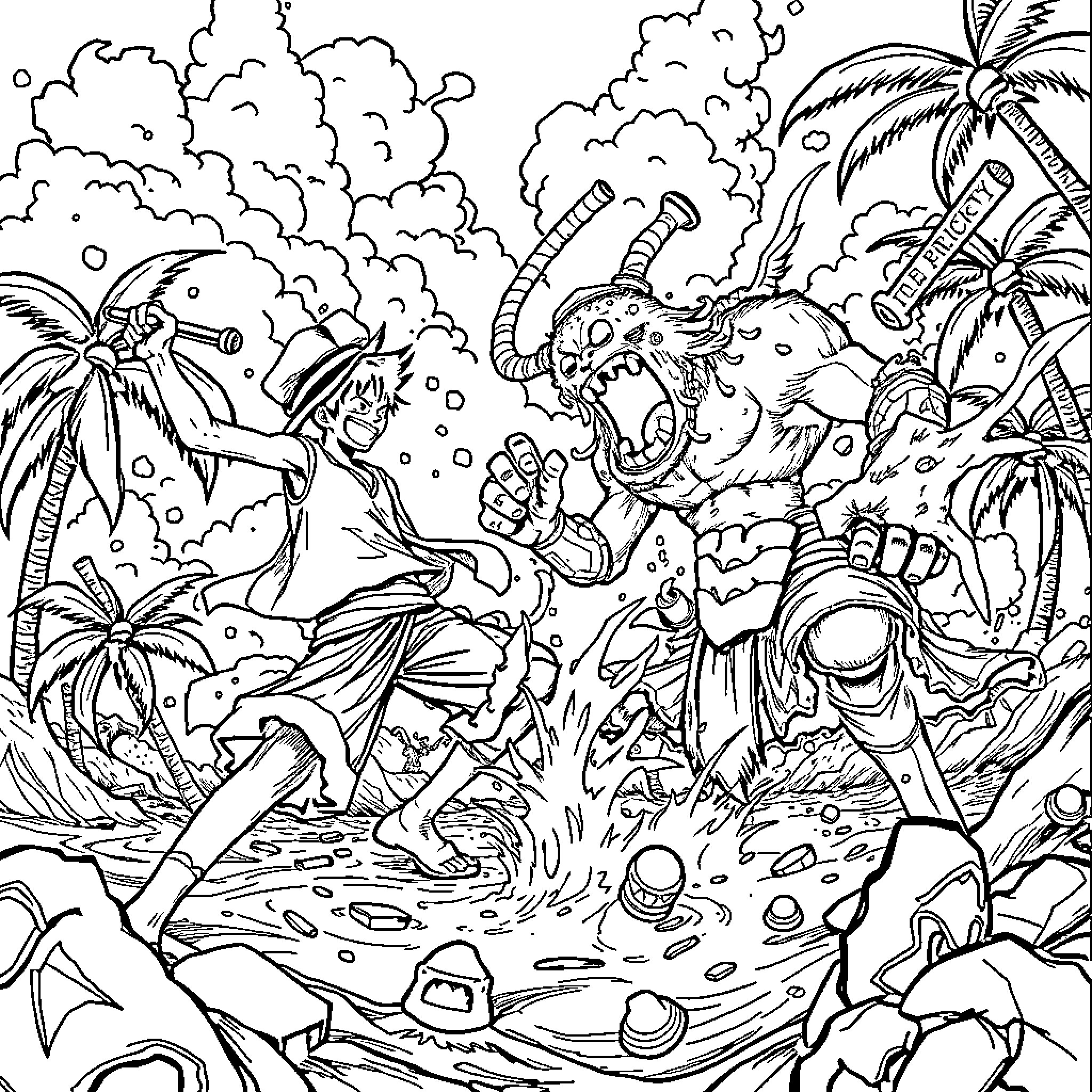Luffy's Adventure in the Tropical Wonderland Coloring Page (free black-and-white line drawing printable PDF for all, from beginners to advanced learners, including children, teens, adults, and seniors)