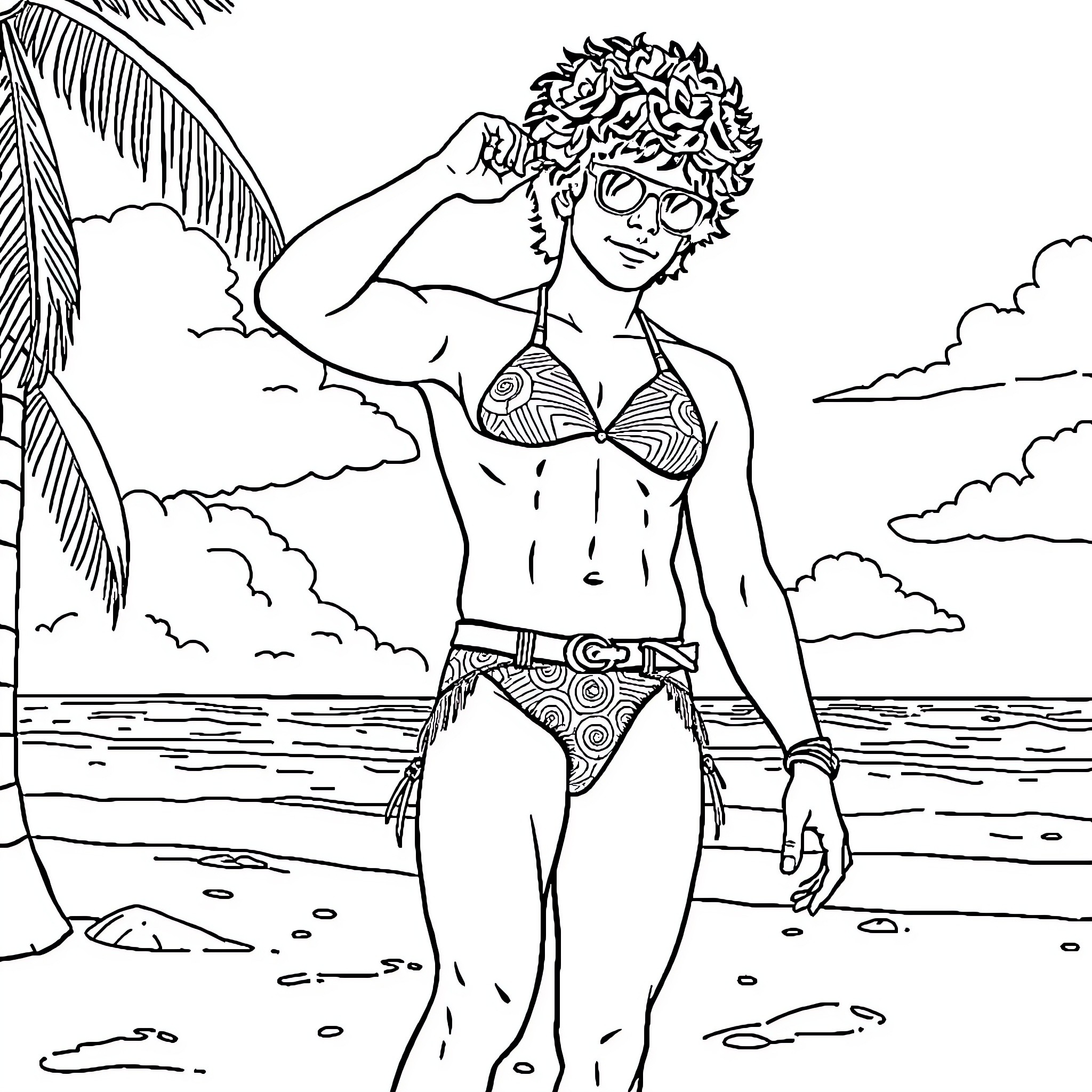 Bruno Mars enjoying beachside fashion and fun Coloring Page (free black-and-white line drawing printable PDF for all, from beginners to advanced learners, including children, teens, adults, and seniors)