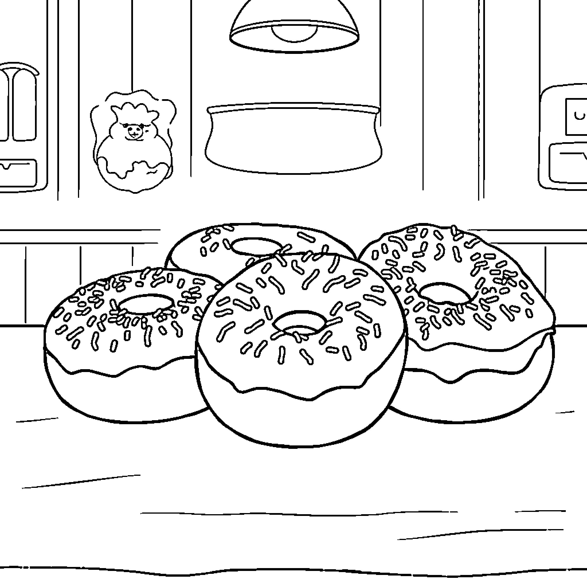 Donuts on display in a bakery window Coloring Page (free black-and-white line drawing printable PDF for all, from beginners to advanced learners, including children, teens, adults, and seniors)