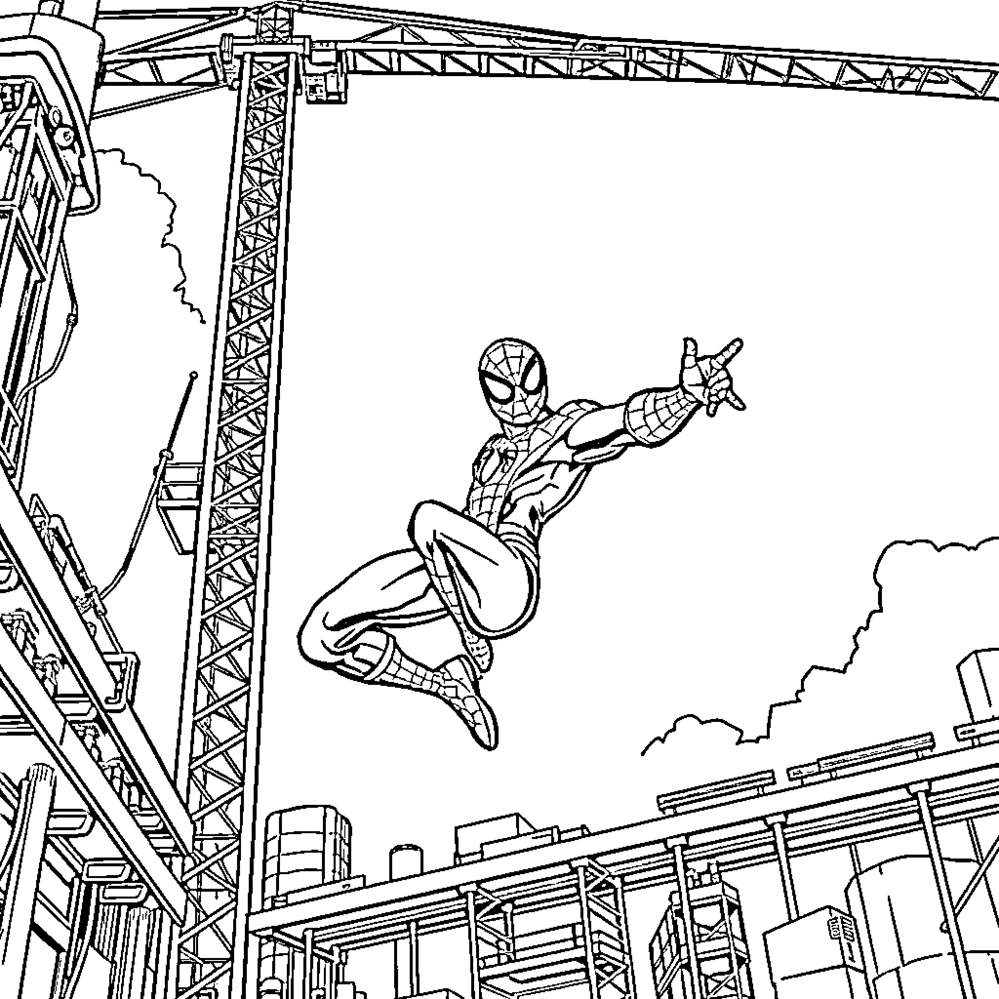 Spiderman swinging through the city skyline Coloring Page (free black-and-white line drawing printable PDF for all, from beginners to advanced learners, including children, teens, adults, and seniors)
