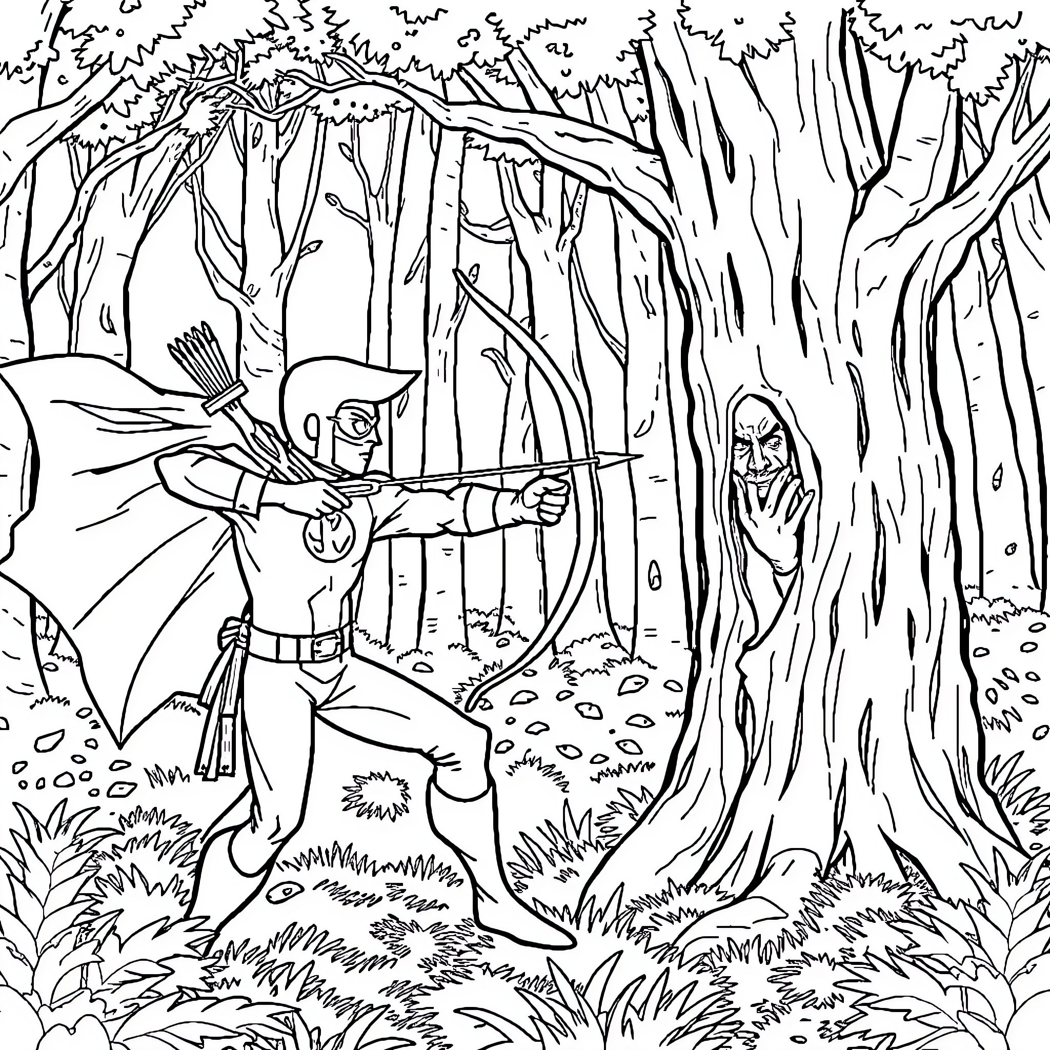 Superhero Archer Confronting a Mysterious Figure in the Enchanted Forest Coloring Page (free black-and-white line drawing printable PDF for all, from beginners to advanced learners, including children, teens, adults, and seniors)