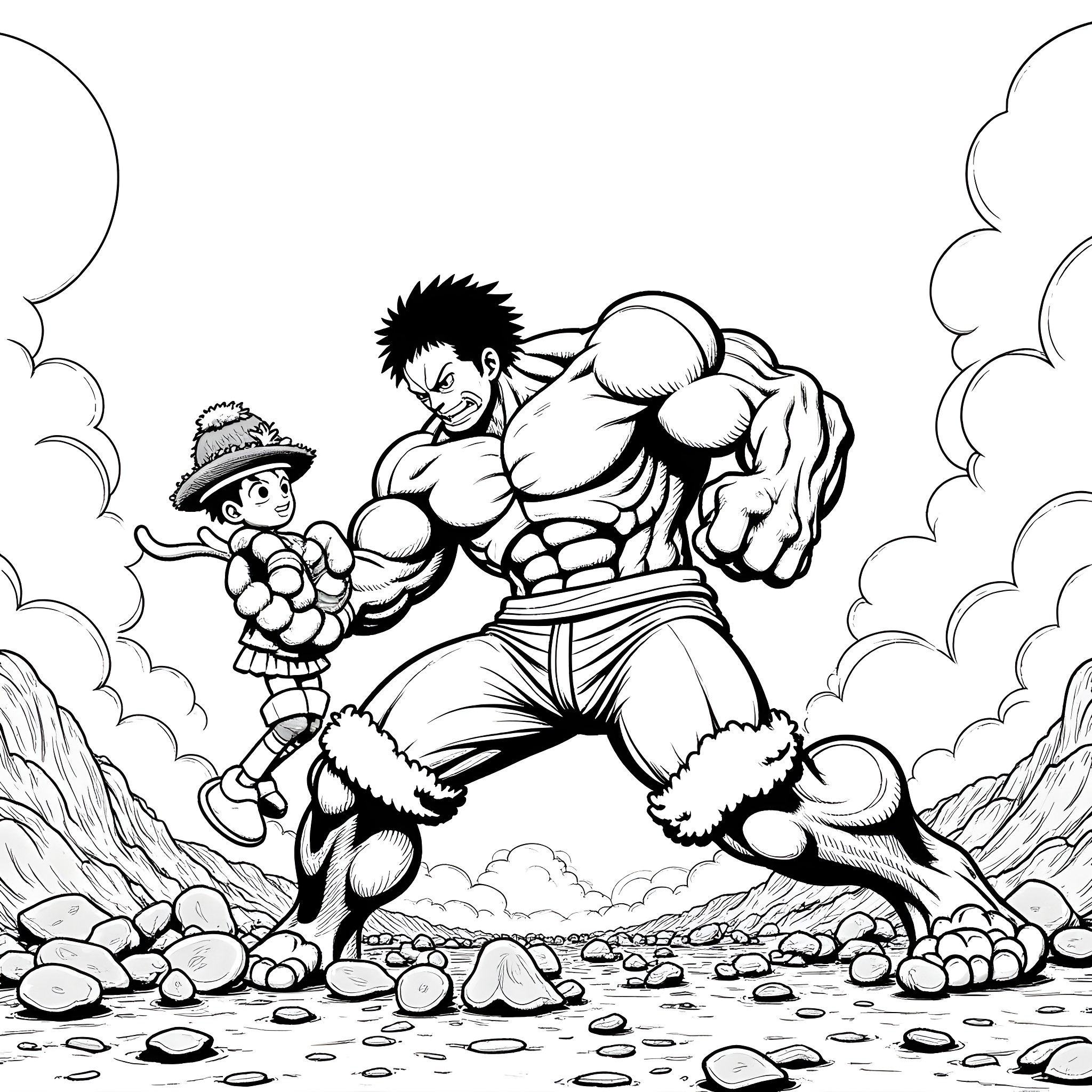 Luffy battles a powerful foe in a rugged landscape Coloring Page (free black-and-white line drawing printable PDF for all, from beginners to advanced learners, including children, teens, adults, and seniors)